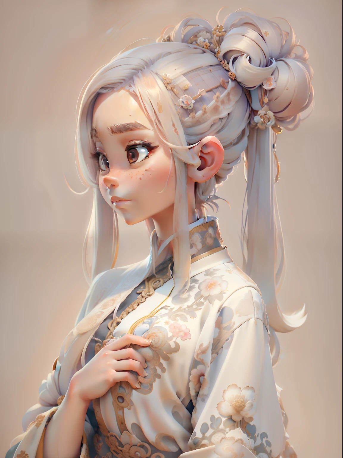 (Masterpiece, Best quality:1.2), 3 d desenho animado,1girll,Solo,Light-colored hair, Chinese hair bun, Oriental antique,surrealism, Super detail, ccurate, Best quality, hyper HD, Masterpiece, Anatomically correct, A high resolution, 16k