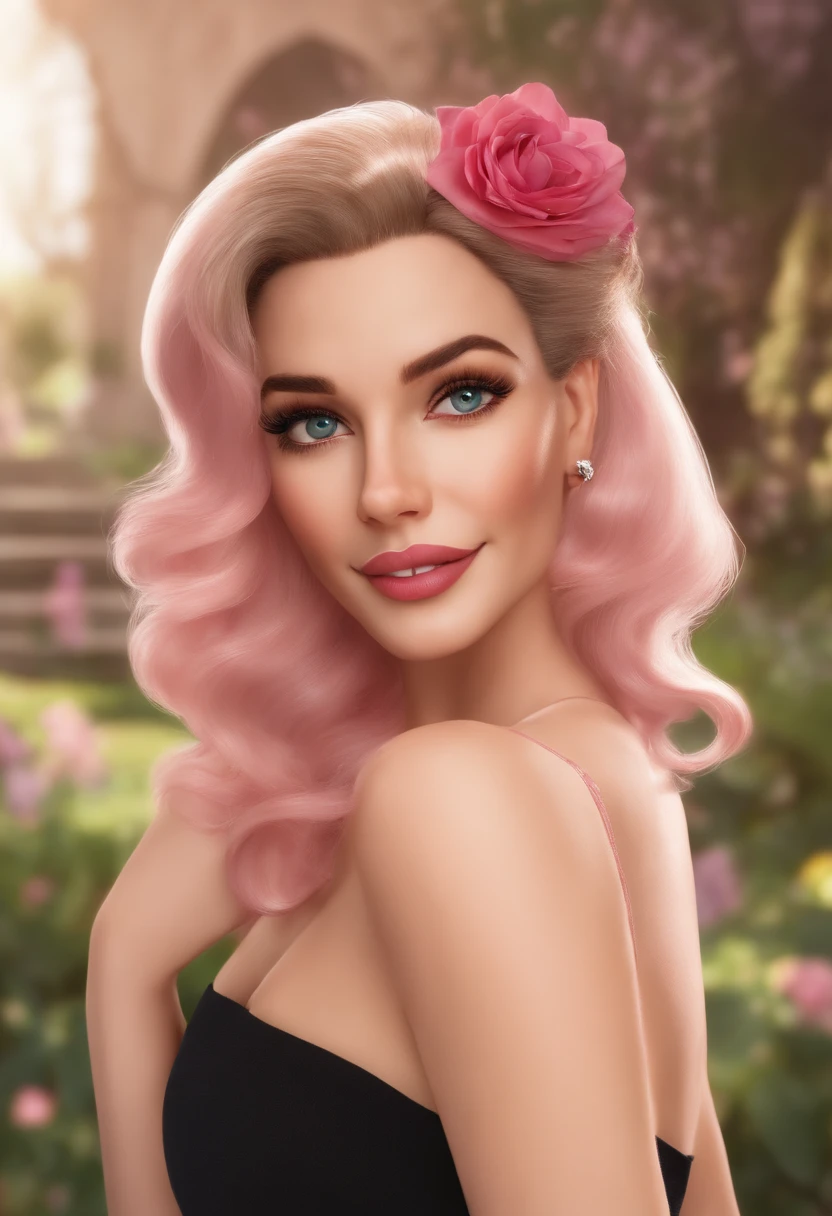 Qualidade de imagem do filme，Disney Animation Style, mulher sorridente com uma camisa rosa e brincos no rosto, cabelos presos, brincos grandes e maquiagem queer, imagem de perfil, 50 anos, jardim ao fundo com profundidade，Luz alta，luz real，oc renderizado，hyper-realistic，melhor qualidade，8k，Obras de mestres，super-fino，pelos detalhados，anatomia correta，sharp focus on eyes