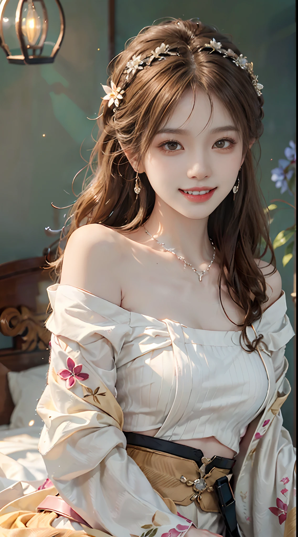 ((upper body)), ((from below)), ((realistic)), 1 Asian female model, A young girl, (Close up), (Being in the room, Sit Pose, Leaning against the dresser), Look out the window, Pleasing posture, Eye-catching poses, Detailed scenes, Coiled hair, Hairpins, Beautiful hair accessories, Brownish-yellow hair, light make-up, Blushlush, Gloss on lips, ((No chest leakage)), ((off shoulder clothes)), ((white hanfu, Skirt, cropped shoulders, high-waist, Nice belt)), ((warm lights, a warm color palette)), (Extremely high color saturation), Detailed details, ultra-detailliert, (tmasterpiece, best qualtiy), (An extremely delicate and beautiful work), Delicate earrings, Delicate necklace, Simple blurred background, Extreme detail description, Ultra-fine painting, Delicate face, slim toned body, Slimming the waist, (grin, happy grin, Baring teeth), (anatomy correct)