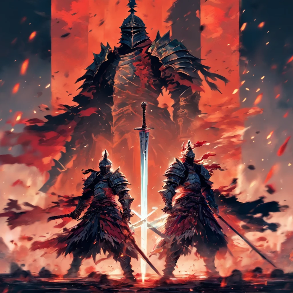 anime - style illustration of two knights with swords in front of a red background, style of duelyst, samurai duel, krenz cushart and artem demura, white and red armor, knights, dual swords, dark souls art style, wretched and corrupted knights, inspired by Kanō Hōgai