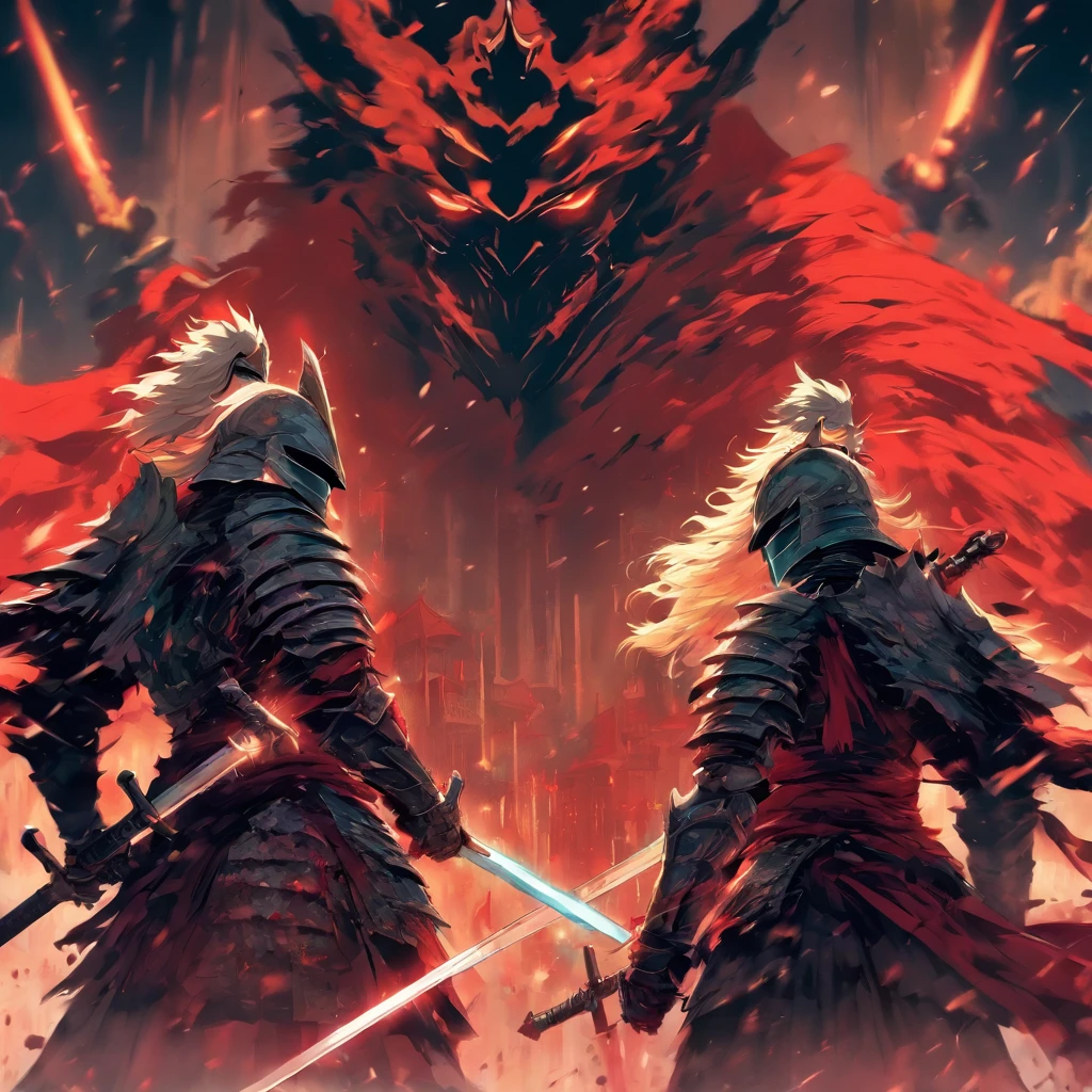 anime - style illustration of two knights with swords in front of a red background, style of duelyst, samurai duel, krenz cushart and artem demura, white and red armor, knights, dual swords, dark souls art style, wretched and corrupted knights, inspired by Kanō Hōgai