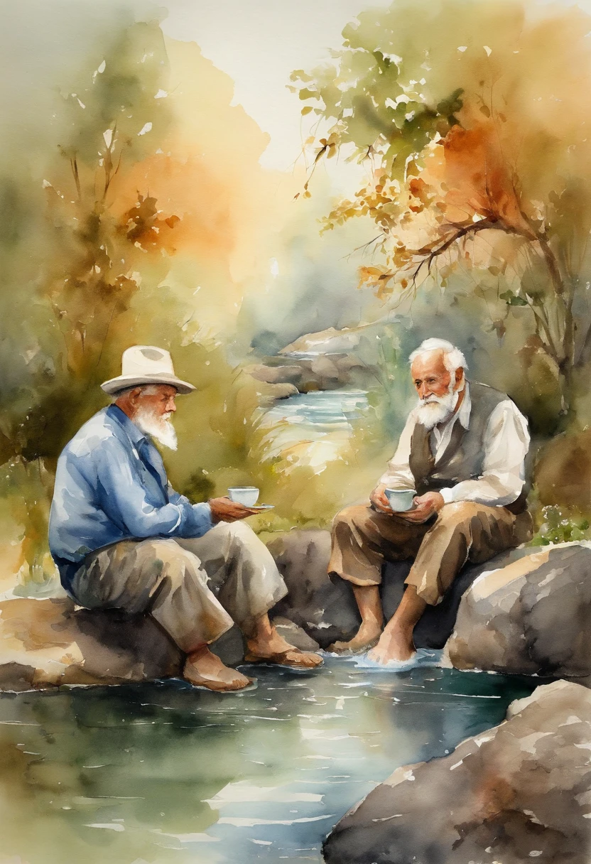 Image of two old men sitting and drinking tea next to a hot spring