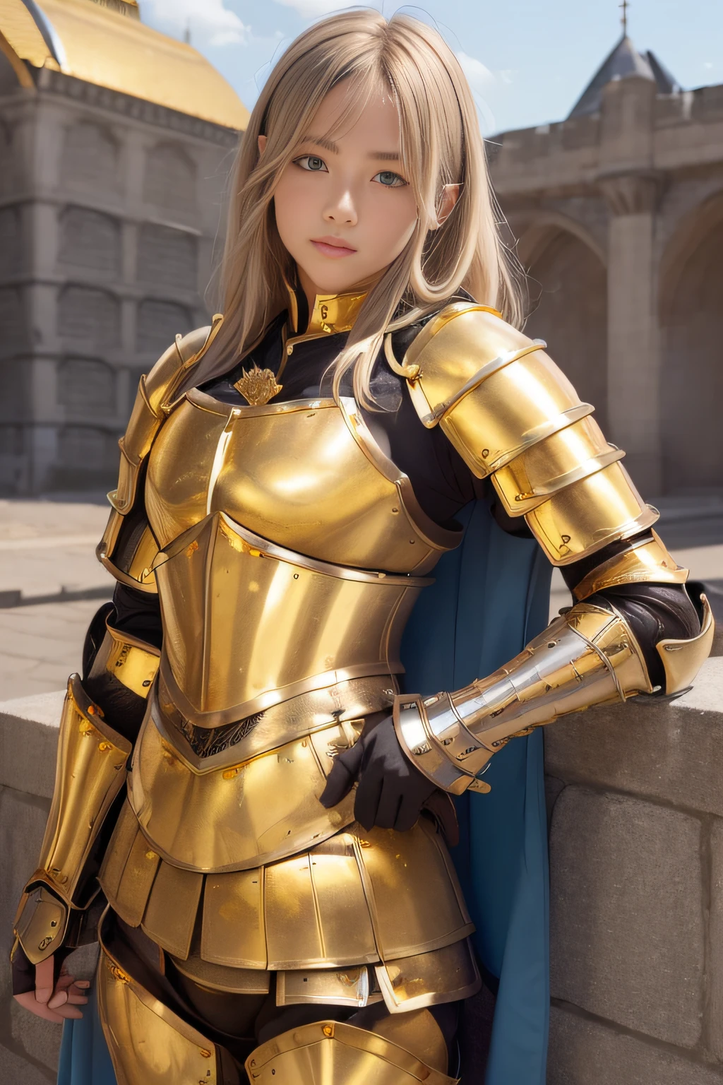 best qualtiy、masutepiece、超A high resolution、(Photorealistic:1.4)、infp young woman、(modeled:1.2)、small head、a small face、blonde  hair、long legged、(Ornately decorated golden full-body armor:1.3)、(Waist Armor:1.3)、(Falls Armor:1.9)、(Gold Crotch Protector:1.4)、Leg armor、(blue cloak:1.3)、(Full body:1.4)、Appearance without makeup、smil、(the perfect body:1.7)、Castle background、By Michelangelo