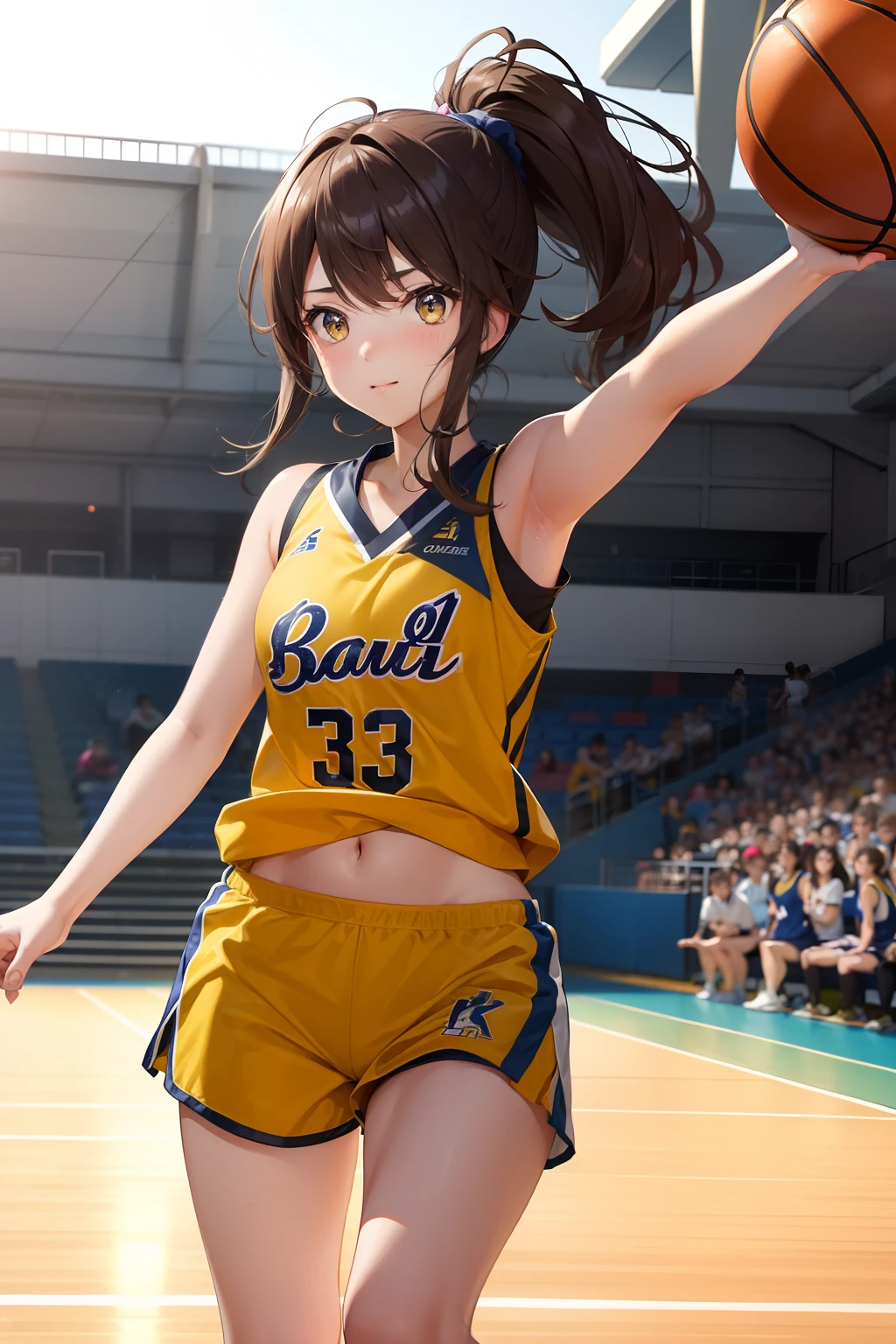 A close-up shot of a woman holding a basketball in a standing position, looking at the camera, wearing a basketball uniform, basketball court background, bra, inner sentinel, cleft chest, underpants, ((tight and prominent underpants)) tight white soft clothes, NBA, masterpiece, payment attention to the details of the picture, especially the eyes, details, emphasis on realism, is a realistic masterpiece, this is the official background, Super Camel, Aesthetic, Aesthetic, Best Quality, Show Image Elegance and Aesthetic, 8K, Cinematography, 4HD, Emphasize Tight Wear, Underwear Prominent, Slotted Chest