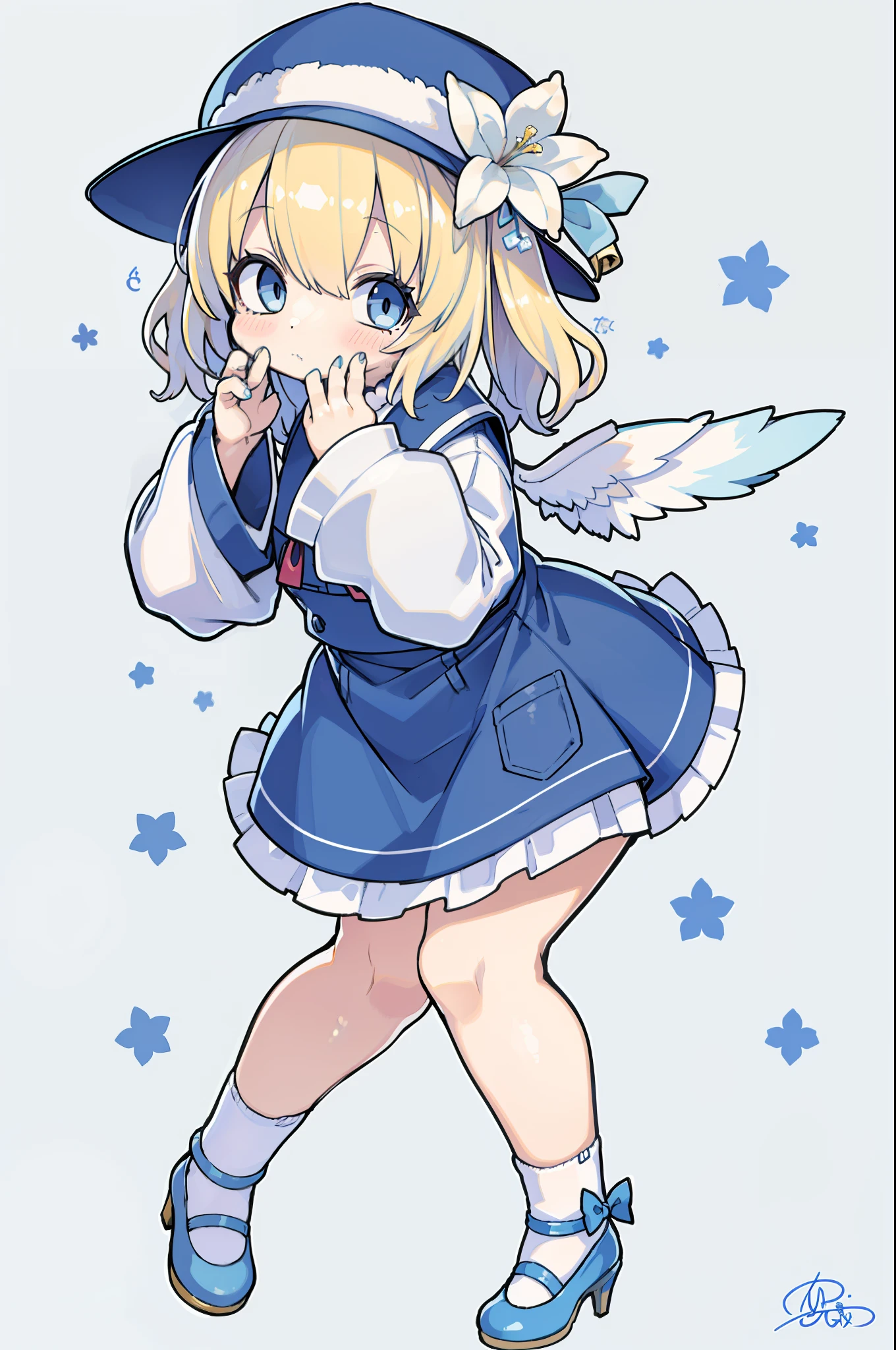 Uecla, 1girl in, Blonde hair, White background, hat, Dress, blue footwear, Wings, Simple background, signature, flower, nail polish, Wide sleeves, Long sleeves, blush, animal, white blossoms, Solo, Full body, Bird, Looking at Viewer, high-heels, hands on own cheeks, hand on own face, frilld, Bow, Bangs, bow ribbon, bell, blue headwear, +_+, sox, Short hair, grey eyes, shoes, Blue Nails, Feathered wings, blue bow