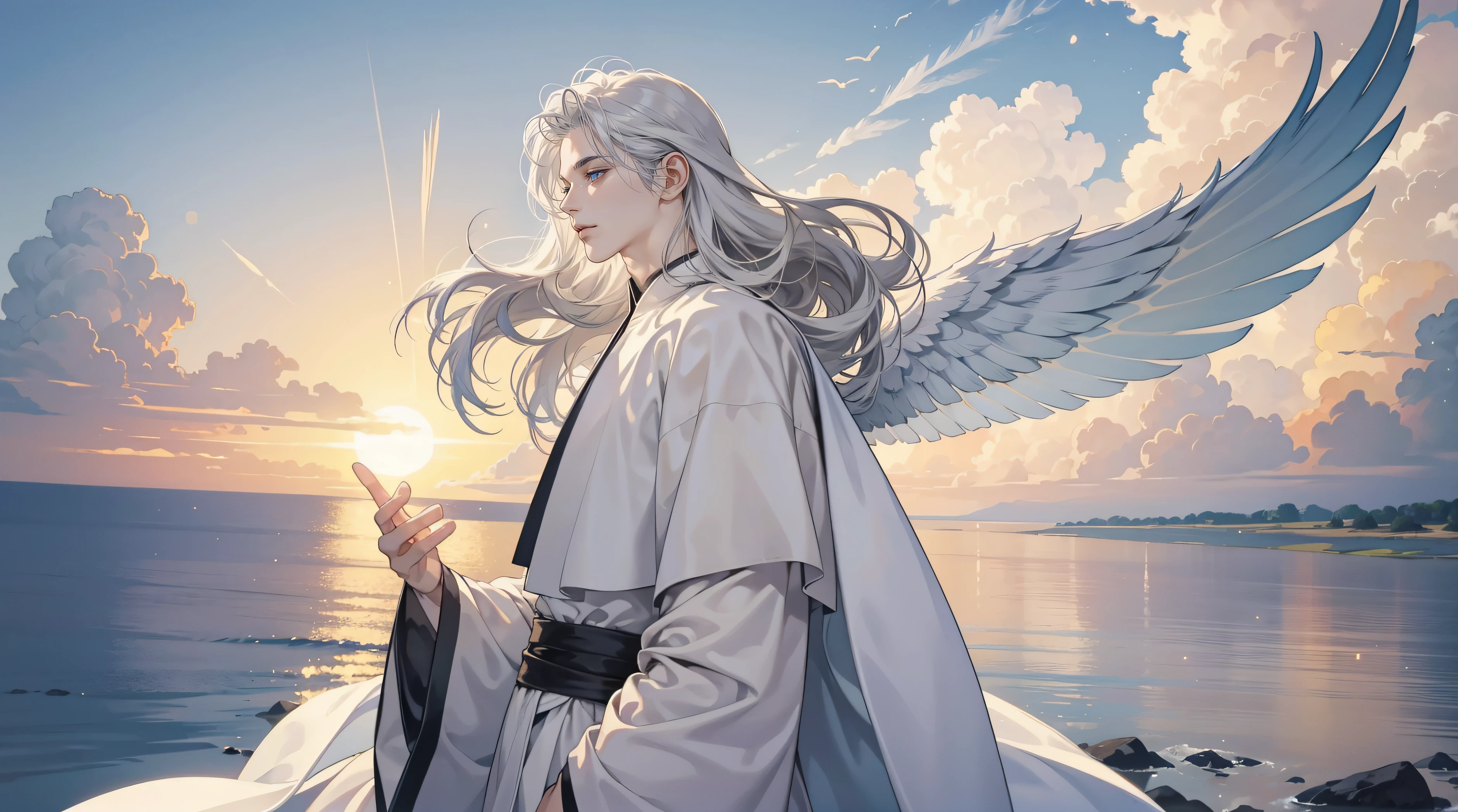 mature boy, brilliant Sun light, 4k, masterpiece, high quality, 8k, high quality details, soft dull lighting, floating particles, heaven background, paradise, white pale skin, wavy silver hair, flying bangs, side view, heaven style, clouds, realistic, flowing hair, white robe , soft blue eyes, expressionless, 1male, androgynously, robed figure, 6 wings, winged, siren, winged man, looking at viewer, cowboy shot, tall muscular guy, priest, big feathered wings, fabric strip, 8K wallpaper