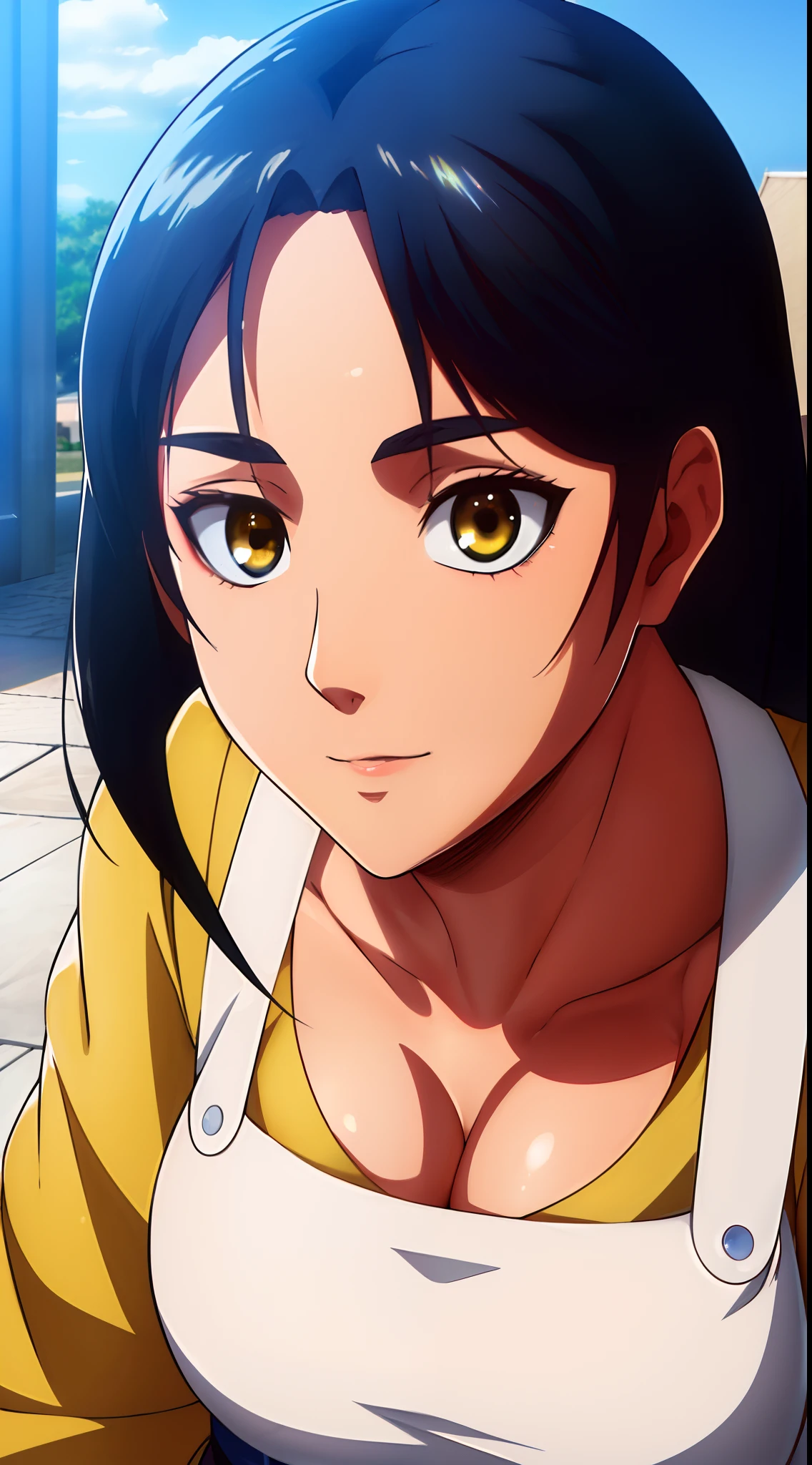 (day:1.7), a city with a lot of buildings and a sky background with clouds in the background and a blue sky, architecture,
Standing at attention, at the roof,
Yellow Shirt,cleavage, collarbone, long sleeves,White apron,
black Hair, brown eyes, Bangs, single braid,
1 girl, 20yo,Young female,Beautiful Finger,Beautiful long legs,Beautiful body,Beautiful Nose,Beautiful character design, perfect eyes, perfect face,expressive eyes,
looking at viewer, in the center of the image,(Upper_body),(close-Up),(Focus on her face),
official art,extremely detailed CG unity 8k wallpaper, perfect lighting,Colorful, Bright_Front_face_Lighting,shiny skin,
(masterpiece:1.0),(best_quality:1.0), ultra high res,4K,ultra-detailed,
photography, 8K, HDR, highres, absurdres:1.2, Kodak portra 400, film grain, blurry background, bokeh:1.2, lens flare, (vibrant_color:1.2)
(Beautiful,large_Breasts:1.4), (beautiful_face:1.5),(narrow_waist),