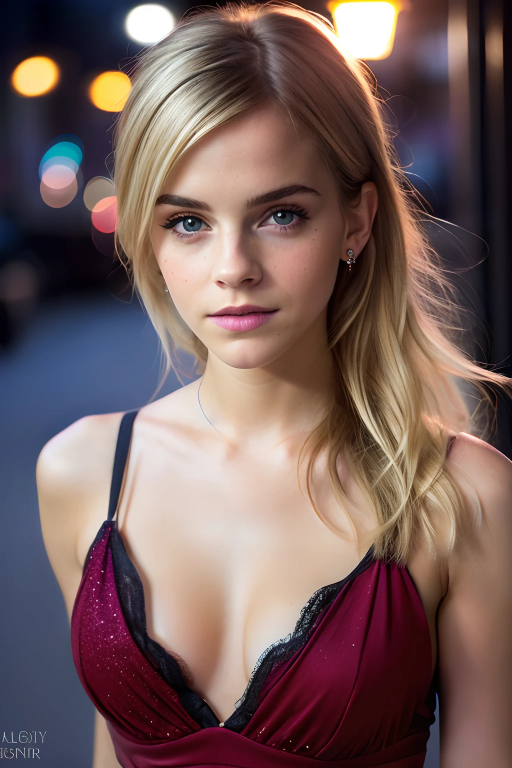 little Emma Watson, (selfie, top view: 1.4), (straight half body: 1.4), RAW UHD portrait photo of a 24-year-old blonde (blue-eyed woman) walking down a dark alley, natural breasts_b, night city, (red sundress), (décolleté), detail (textures!, hair!, glitter, color!, disadvantages: 1.1), highly detailed glossy eyes, (looking at the camera), mirror lighting, DSLR camera, ultra quality, sharp focus, sharpness, depth of field,  film grain, (center), Fujifilm XT3, crystal clear, large breasts, bare torso, center of frame, pretty face, sharp focus, street lamp, neon lights, bokeh, (dimly lit), low key, night, (night sky) detailed skin pores, oiled skin, tan, intricate eye details