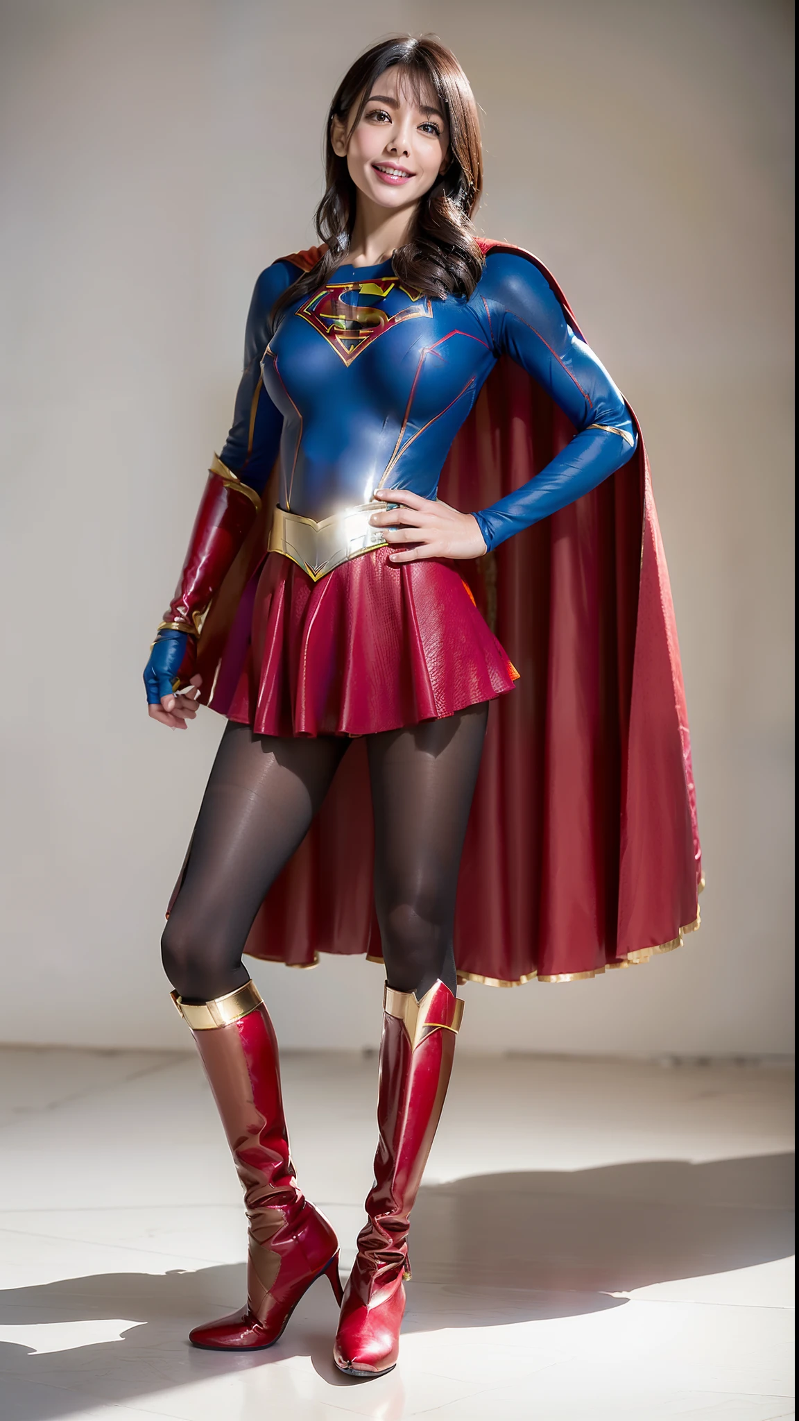 (((Make the most of the original image)))、(((Supergirl Costume)))、(((lustrous dark hair)))、(((Suffering)))、(((Feet must necessarily be worn with black tights)))、(((Smile)))、(((You need to wear red boots)))、((Top image quality、8K))、((top-quality、8K、​masterpiece:1.3))、Crisp focus:1.2、Beautiful woman with perfect body shape:1.4、Slender Abs:1.2、((layers-Cut、large boob:1.2))、a wet body:1.5、Highly detailed facial and skin texture、