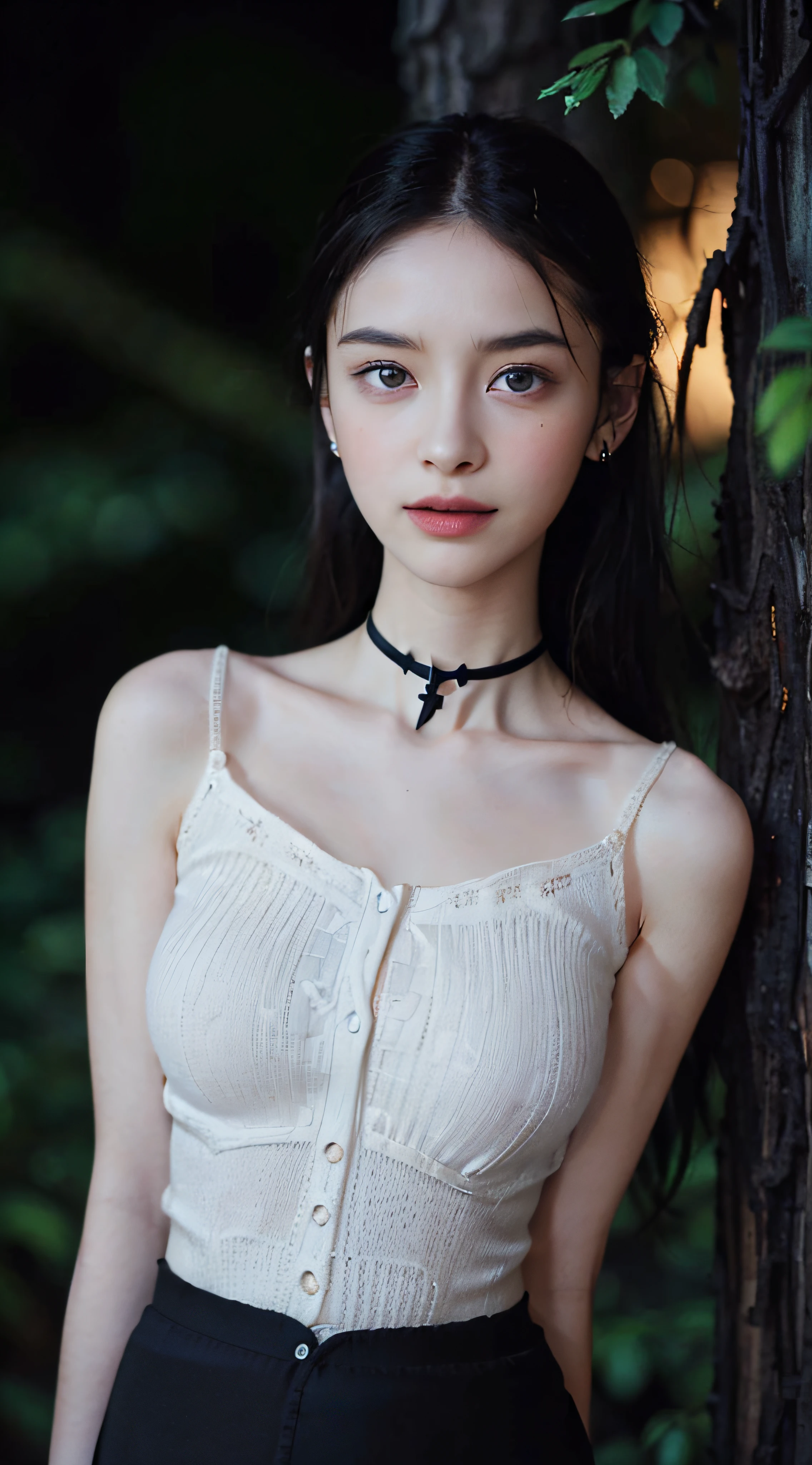 (Long:1.8), Best Quality, 8K, nffsw, hight resolution, absurderes:1.2, Blurry background, Bokeh:1.2, Photography, (Raw photo:1.2), (Photorealistic:1.4), (masutepiece:1.3), (Intricate details:1.2), 1girl in, Solo, japanaese girl, Delicate, (de pele branca:1.5), (Beautiful detailed:1.7), (Stunning innocent symmetrical face, Detailed eyes:1.5), (detailed facial features), , (Large breasts, firm breasts:2), Skin Tight, (up looking_in_viewer), from a_front, (skinny), (Best Quality:1.4), (超A high resolution:1.2), cinematric light, (Extreme detailed pictures), (lipgloss, Best Quality, 超A high resolution, depth of fields, Caustics, Broad lighting, Natural Shading, 85 mm, F/1.4, ISO 200, 1/160s:0.9),(1girl in, Solo:1.6), (Blushing and smiling:1), (School uniform, White blouse, knit:1.9), ((Wide Black Choker, Silk)), (slender:2), (Thin body, thin waist, Thin arms, thin neck, thin shoulders:2), (sloped shoulder:1.8), (In the deep forest:1.8), ((the woods, There is no way)), ((Covered in dense forest)), (Pitch black night:2), (Midnight, No lighting, No light:2), (8 head body:1.8),