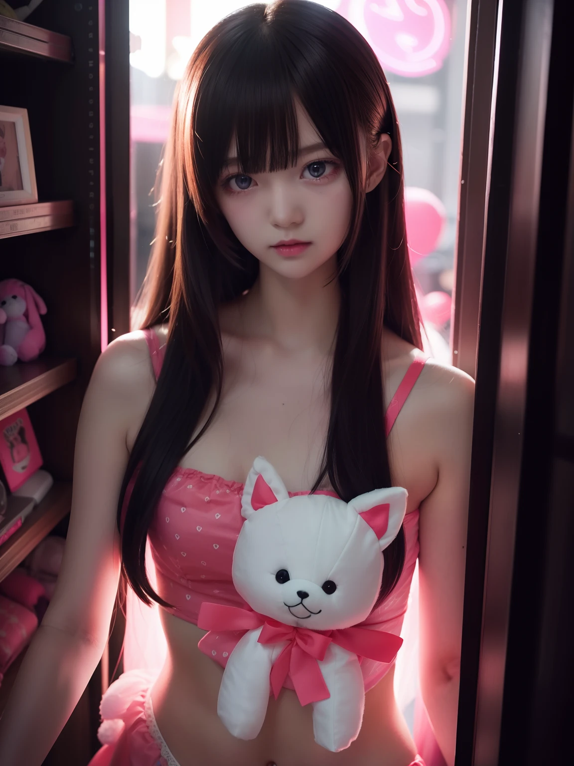 neon curtains,photograph idolgirl,long haircut,slender,(No riddle, just a little ditto,As you wished, so sweet,Our hearts' secret beat, say it back),toy stuffed animal junk shops