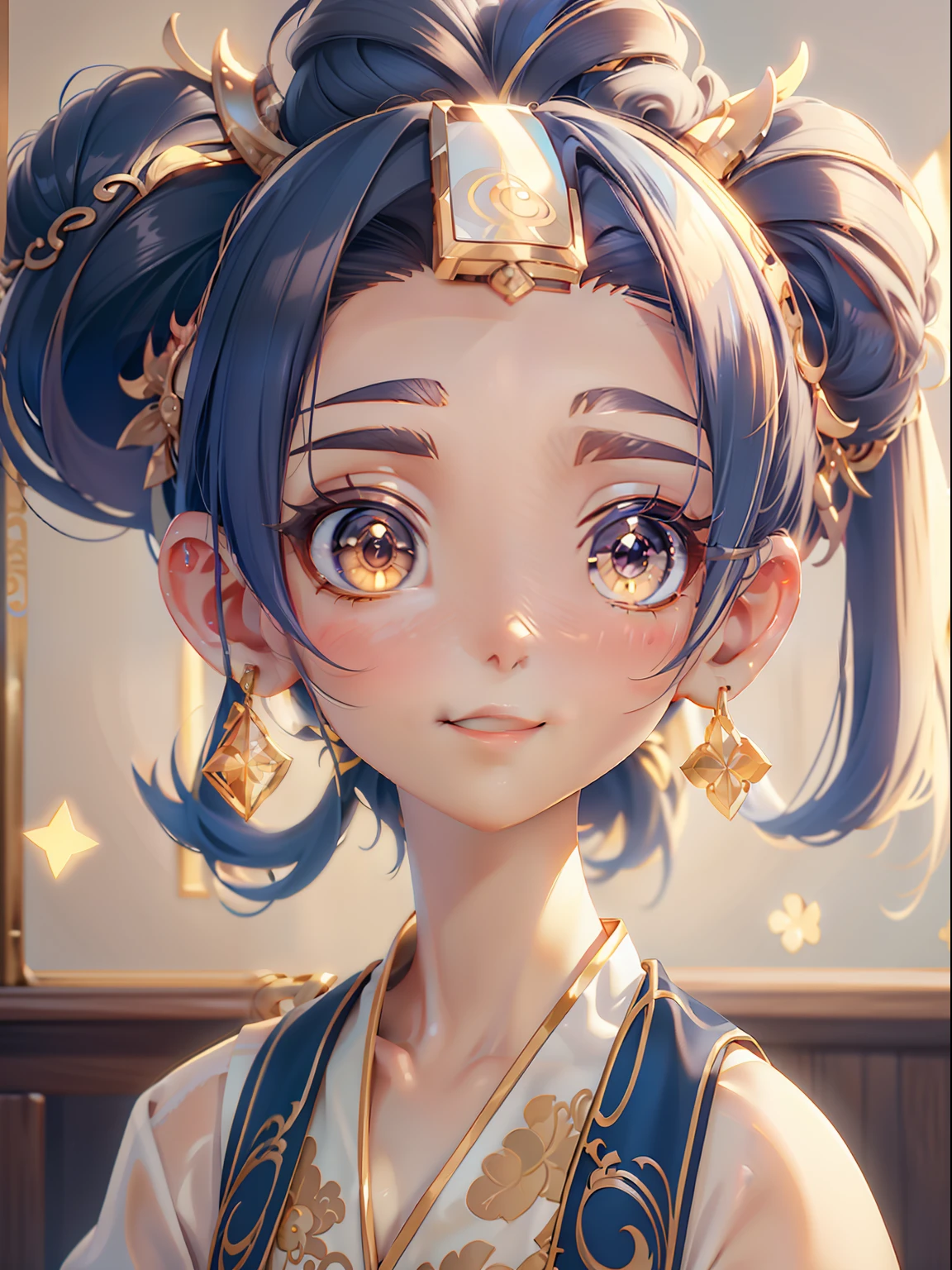 lens flare glow,Thin waist narrow waist,The look of the kawaii,Flat-chested little sister,slimfigure,ssmile,Navy blue hair,Golden pupils。Chinese hair bun, Oriental antique,Attractive 3D Vector Art。