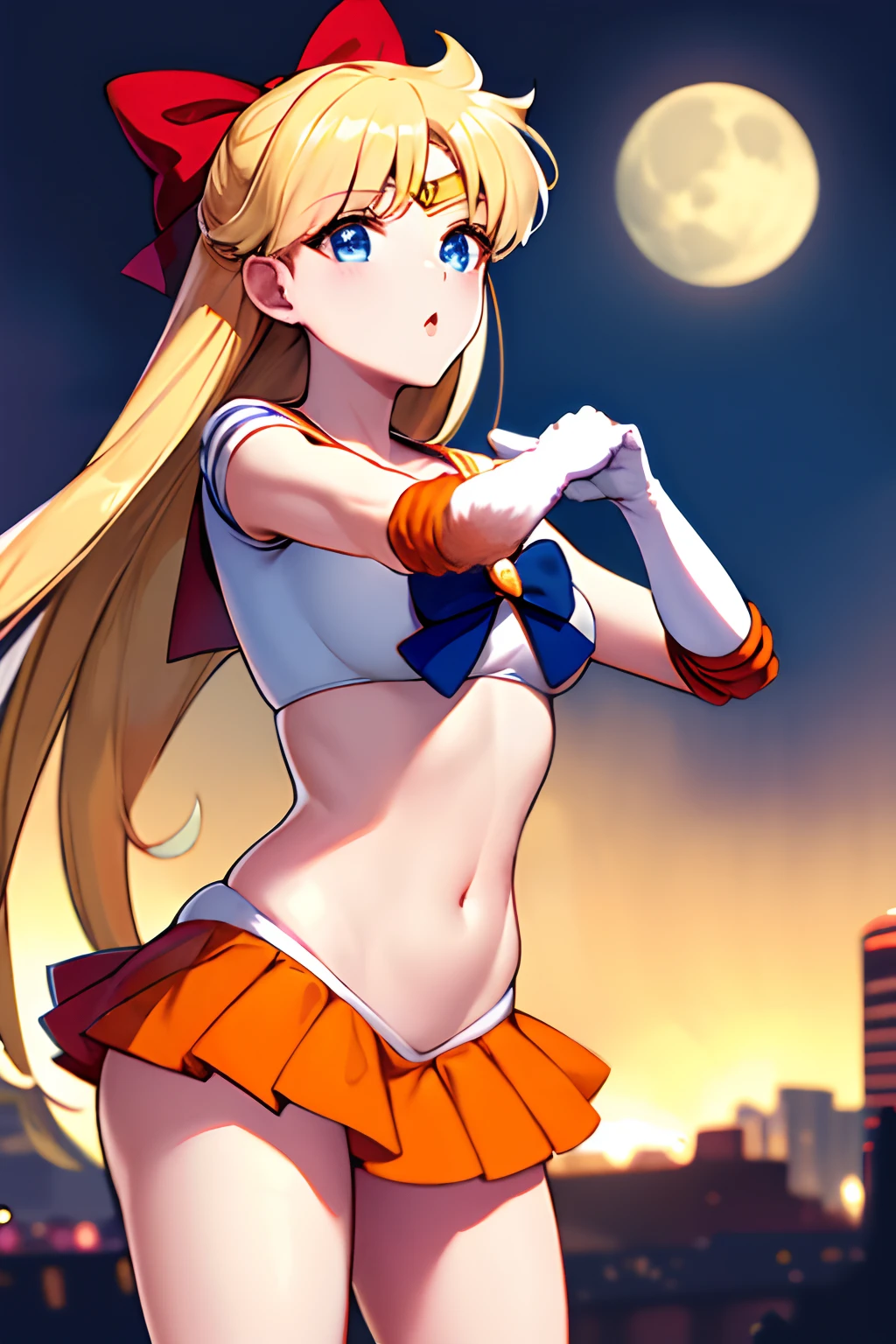 masterpiece, top-quality, hight resolution, SV1, Sailor Senshi Uniform, Orange skirt, elbowgloves, tiarra, pleatedskirt, a miniskirt, Red bow, orangechoker, white glove, jewely, city nigth, natta, a moon, cowboy shot, is standing,maikurobikini、White underwear、No clothes、