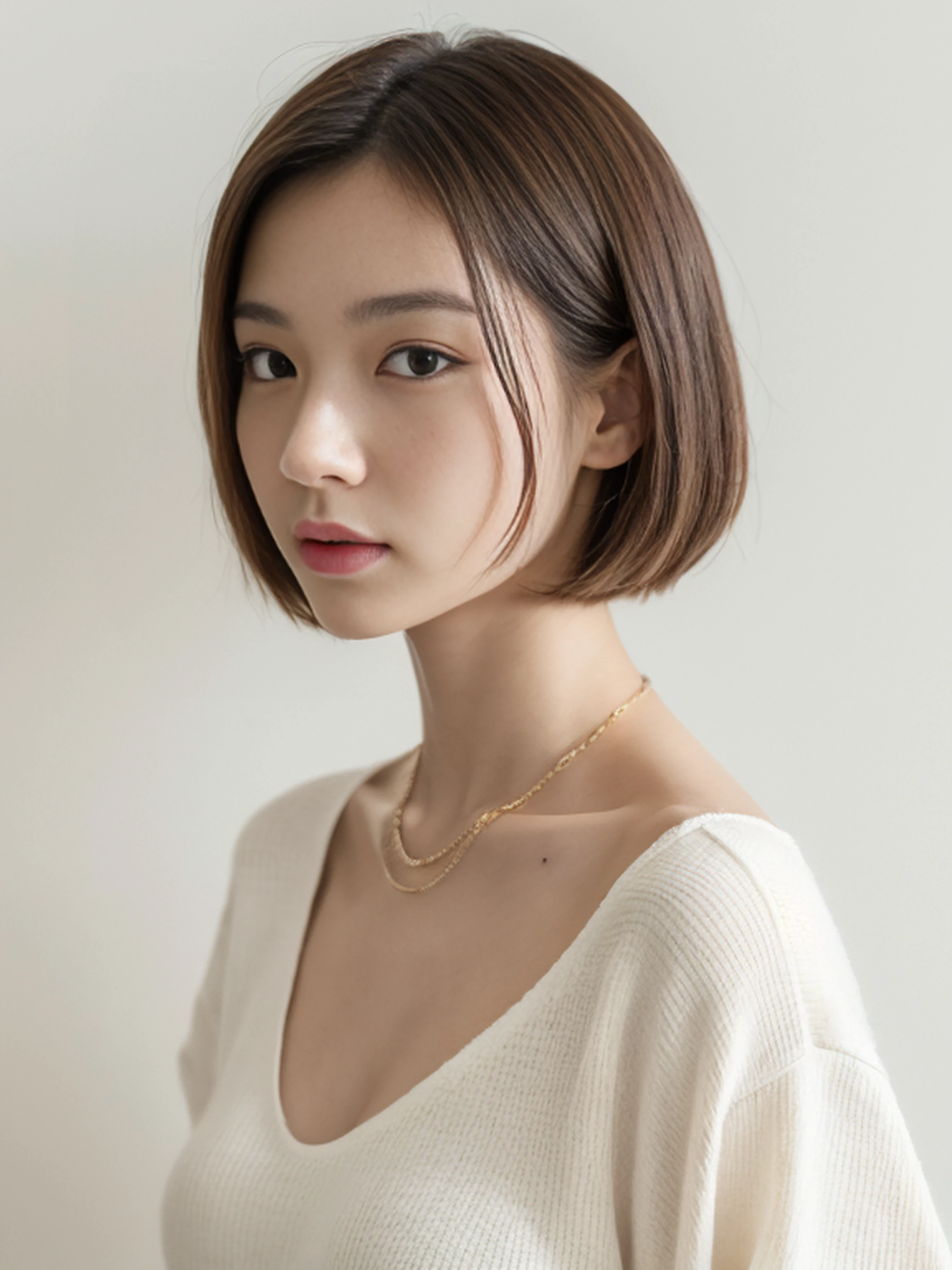 top-quality、masterpiece、hight resolution、1girl in、独奏、Raw photo、Real person、Detailed skin、White Room、studio shoot、Only the wall、White walls only、fully body photo、japanes、short-cut、fully body photo、a necklace、White shirt、modeled