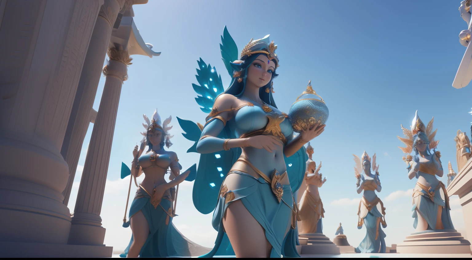 3D model, 3dmdt1, 3d render, photo photorealism photorealistic upper body shot , (many beautiful goddesses:1.9) in gorgeous blue base fashion of completely different designs , sharp focus , outdoor, looking at the viewer, gigantic breasts, cinematic lighting