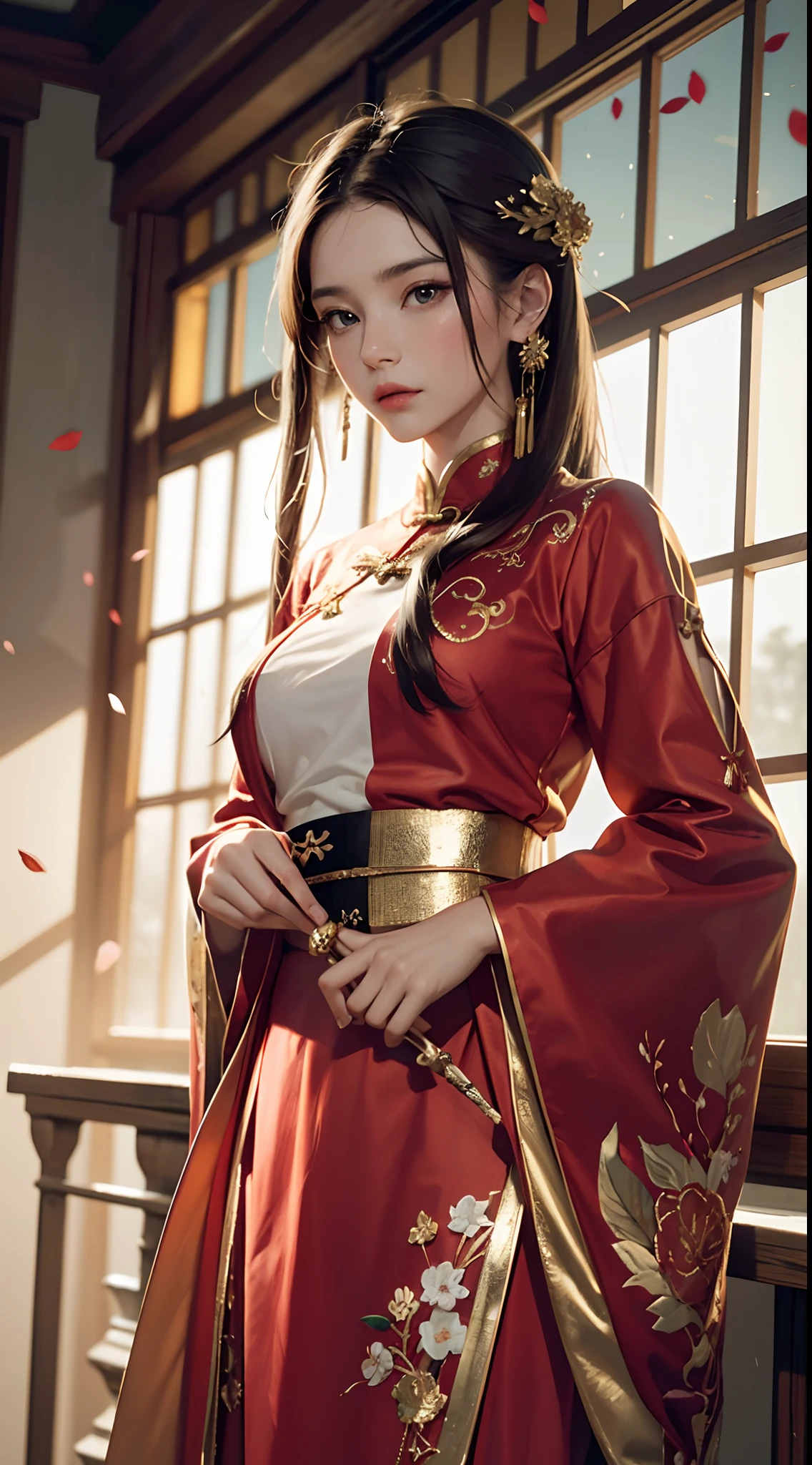 best quality, masterpiece, highres, (exquisite body:1.5),gorgeous face,(milky skin:1.3),intricate details,high resolution,wallpaper,
1girl, solo, dress, hair ornament, (((gold and red dress))), flowers, long hair, brown hair, closed mouth, jewelry, long sleeves, hand up, wide sleeves, big eyes,floating hair, chinese clothes, hanfu, embroidery, long skirt, natural pose, falling petals, indoor,fanning, lantern,
16K,HDR,highres,depth field,(film grain:1.1),boken,golden hour,(lens flare),vignette,rainbowing,(color grading:1.5)