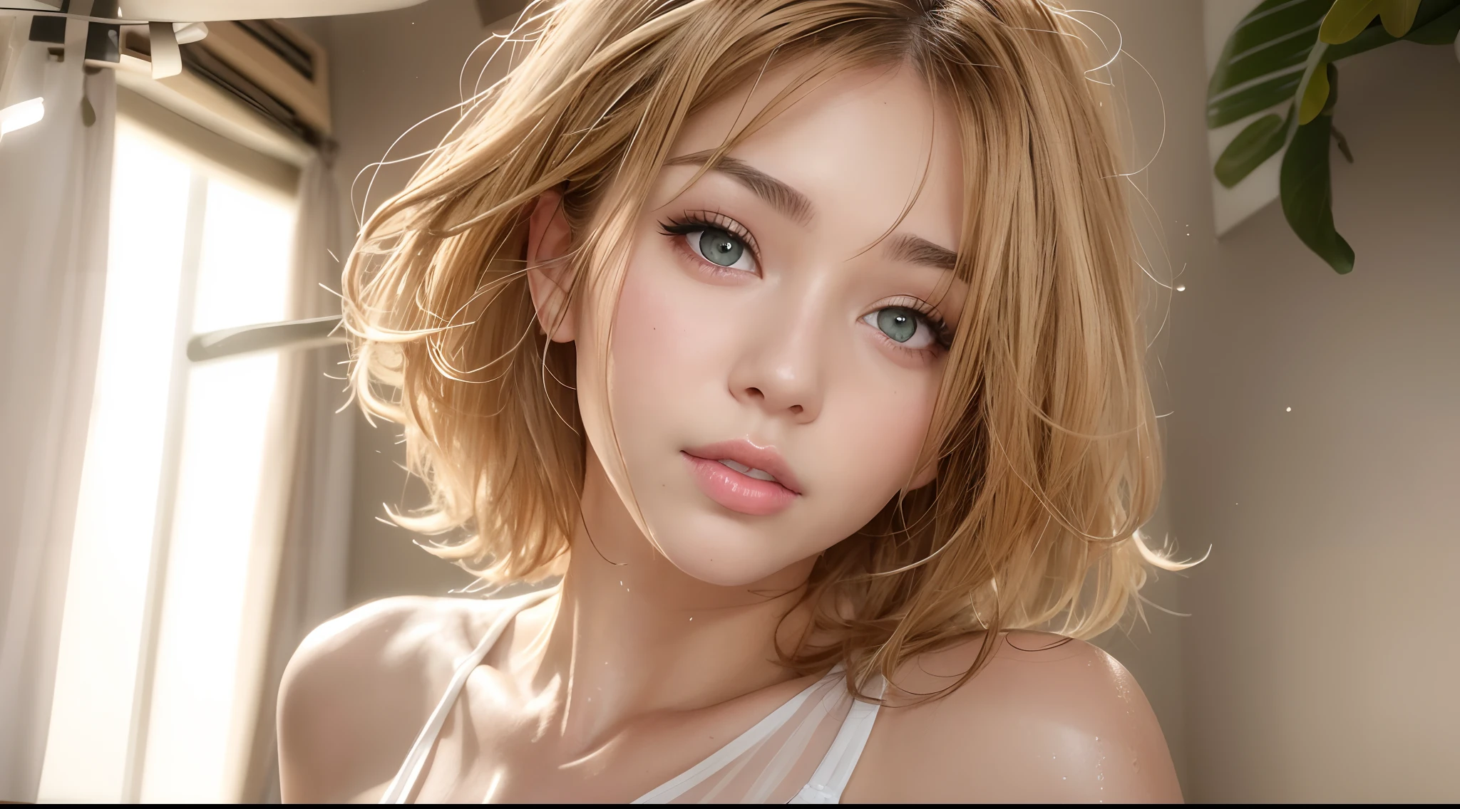 (8k, RAW photo, photorealistic: 1.25), (lip gloss, eyelashes, smiling, bright face, glowing skin, best quality, ultra high resolution, depth of field, chromatic aberration, caustic, wide lighting, natural shading) looking at the viewer with a serene bliss, diffused light