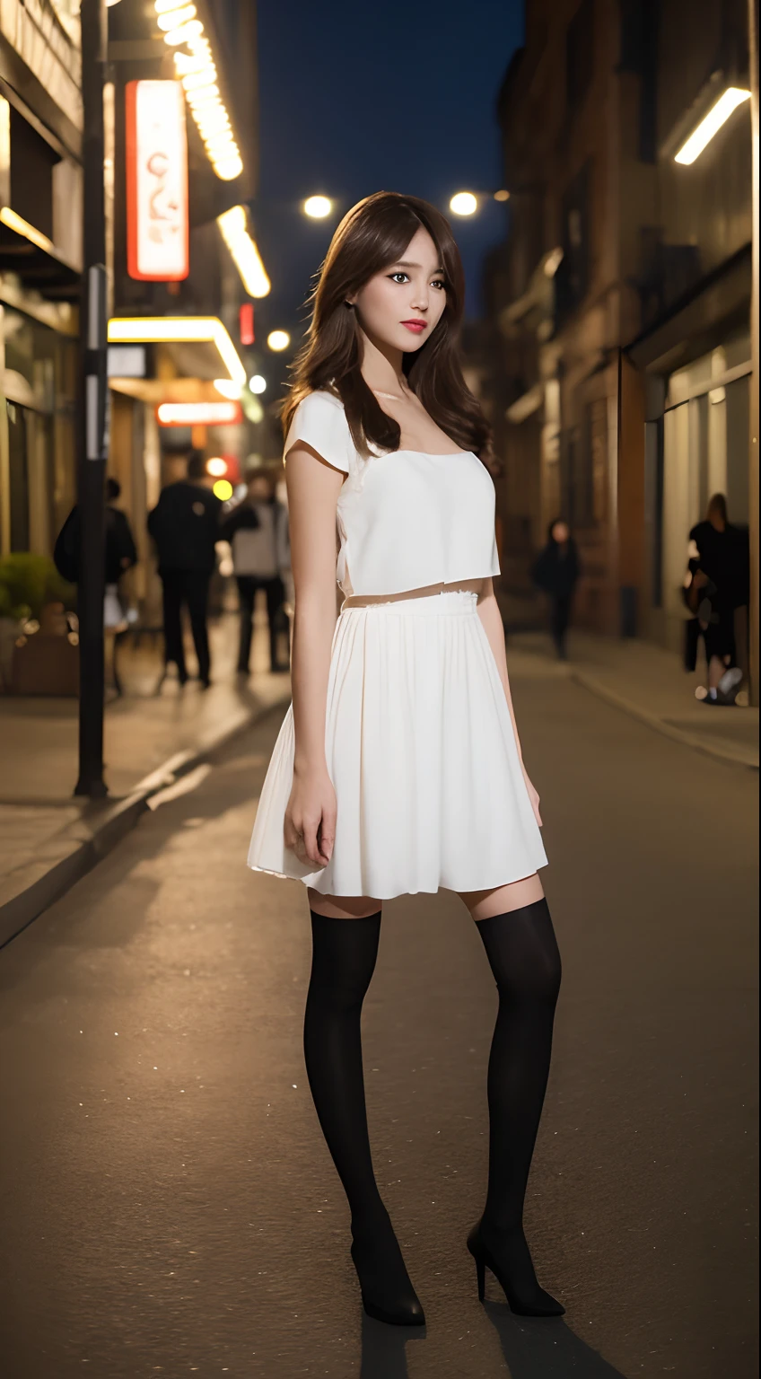 ((Realistic lighting, Best quality, 8K, Masterpiece: 1.3)), Clear focus: 1.2, 1girl, Perfect body beauty: 1.4, Slim abs: 1.1, ((dark brown hair)), (White dress: 1.4), (Outdoor, night: 1.1), City Street, Super Fine Face, Fine Eyes, Double Eyelids, (Over the knee black stockings: 1.5)