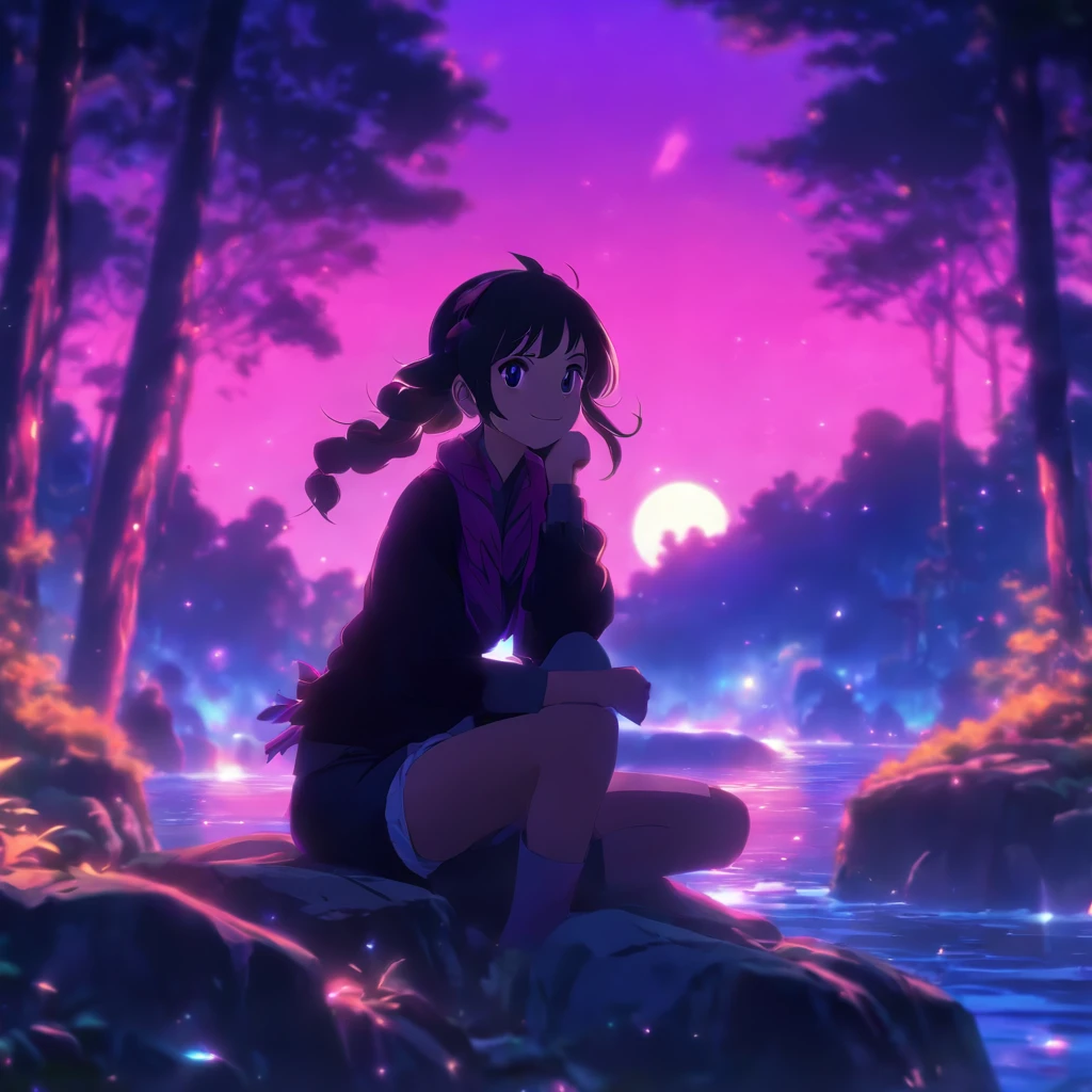 Official art, 8k Wallpaper, best quality, masterpiece, perfect image, ultra detailed, high quality, clean image, (a girl smiling), girl centered, distracted face, black hair, long hair, straight hair, glowing purple eyes, beautiful purple scarf, black sweater, black pant, pacific forest background, breathtaking beauty, volumetric lighting, volumetric shadows, sharp focus, girl sitting on a rock, smiling, hands on thigh. Background with: trees, sunrise, water, leaves, rocks, clouds.