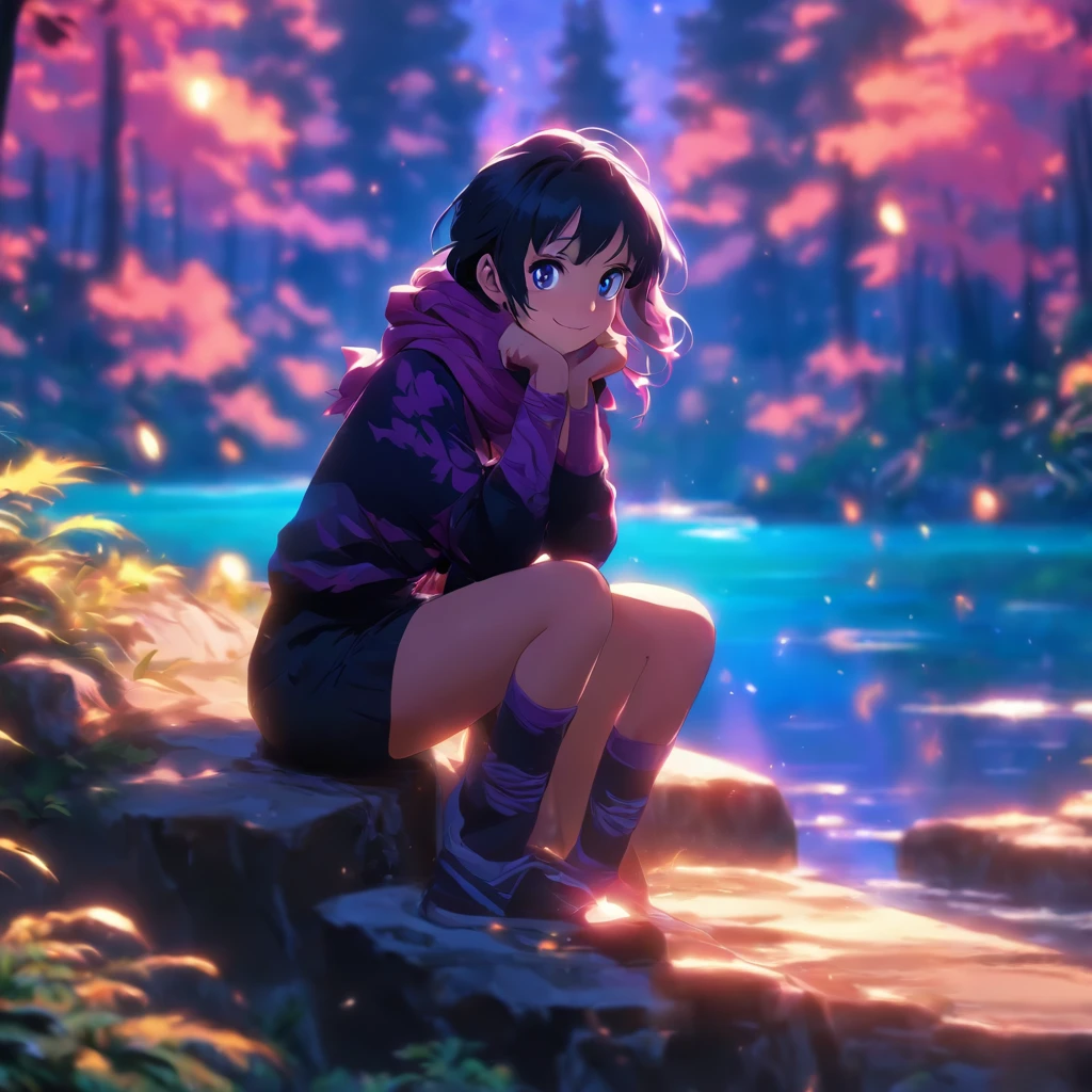 Official art, 8k Wallpaper, best quality, masterpiece, perfect image, ultra detailed, high quality, clean image, (a girl smiling), girl centered, distracted face, black hair, long hair, straight hair, glowing purple eyes, beautiful purple scarf, black sweater, black pant, pacific forest background, breathtaking beauty, volumetric lighting, volumetric shadows, sharp focus, girl sitting on a rock, smiling, hands on thigh. Background with: trees, sunrise, water, leaves, rocks, clouds.