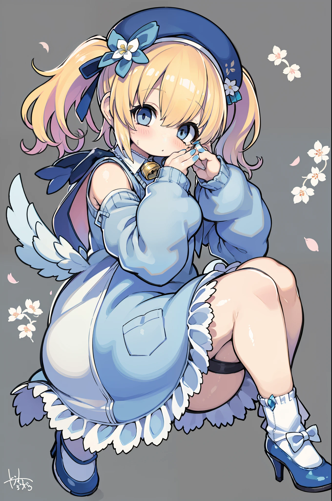 Uecla, 1girl in, Blonde hair, White background, hat, Dress, blue footwear, Wings, Simple background, signature, flower, nail polish, Wide sleeves, Long sleeves, blush, animal, white blossoms, Solo, Full body, Bird, Looking at Viewer, high-heels, hands on own cheeks, hand on own face, frilld, Bow, Bangs, bow ribbon, bell, blue headwear, +_+, sox, Short hair, grey eyes, shoes, Blue Nails, Feathered wings, blue bow