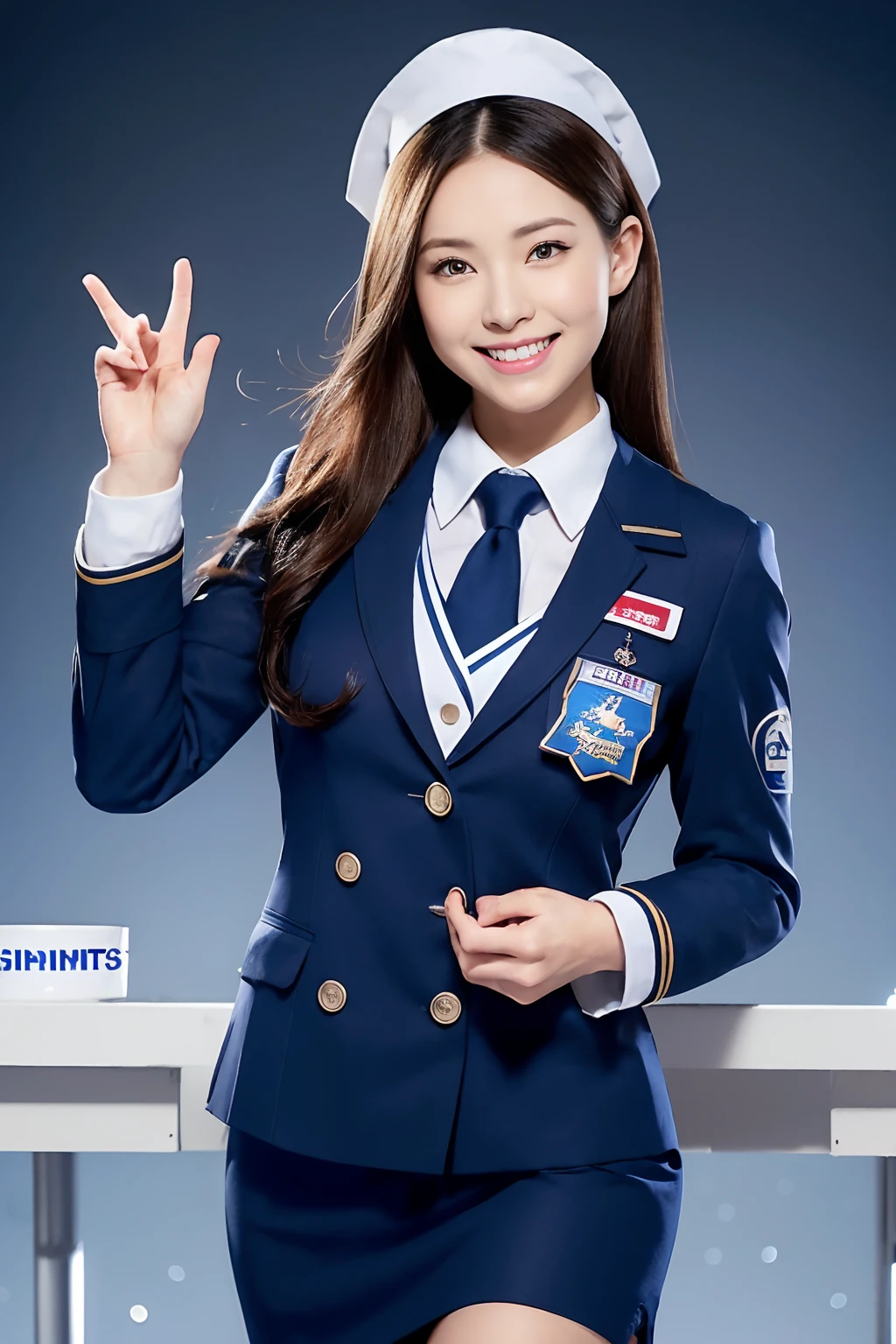 Huge and、In ideal form、A sexy、large boob、s ass、Perfect Style、Ideal woman、Half visible from the uniform、tits out、Beautiful five fingers with a delicate form、The beauty of, Brown hair, updo hair, (((half out of the uniform))), (((Very sweet smile))), looking at the viewers, (((Winter uniforms for flight attendants))), (((Winter uniforms for flight attendants))), (Winter uniforms for flight attendants), ((of the highest quality,, masutepiece: 1.3)), One Woman、Highest dignity、carismatic、 hyperdetailed face, very detailed lips, Detailed eyes, Archaic beauty, Background is on a jet plane、Background with、Beautiful five fingers with a delicate form、Skirt uniform、