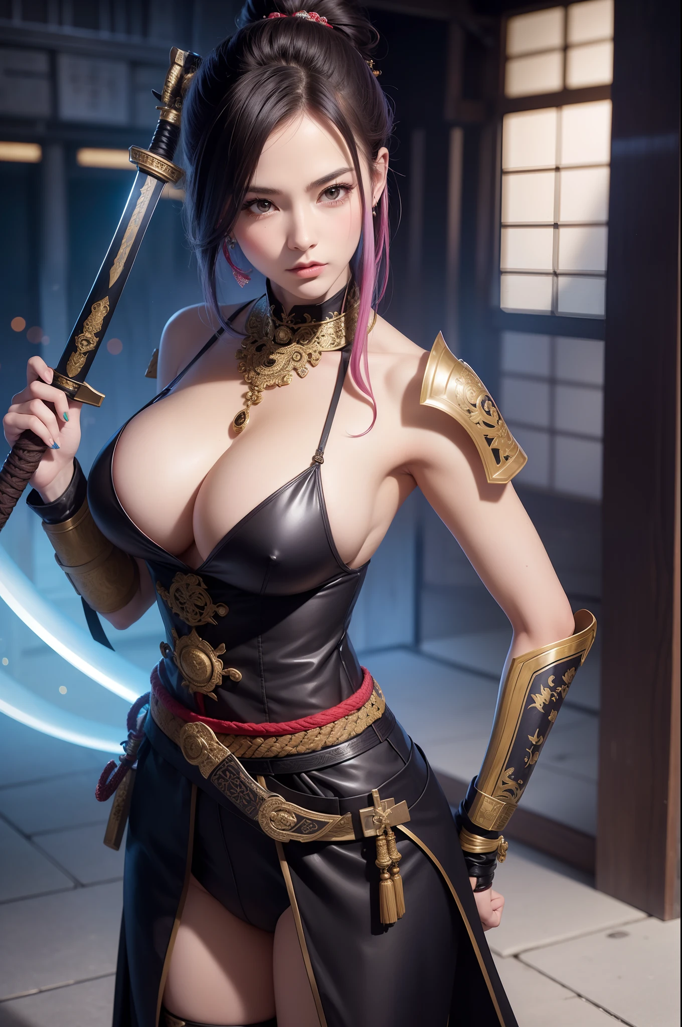 arafed woman in a costume holding a sword and a sword, she is holding a katana sword, very beautiful cyberpunk samurai, female samurai, wearing kimono armor, ornate korean polearm behind her, she is holding a sword, holding a sword on her shoulder, wearing kimono armour, dressed in samurai armour, portrait shot, samurai outfit, ornate cosplay, sexy look, big breast, sexy pose, show breast, rainbow hair