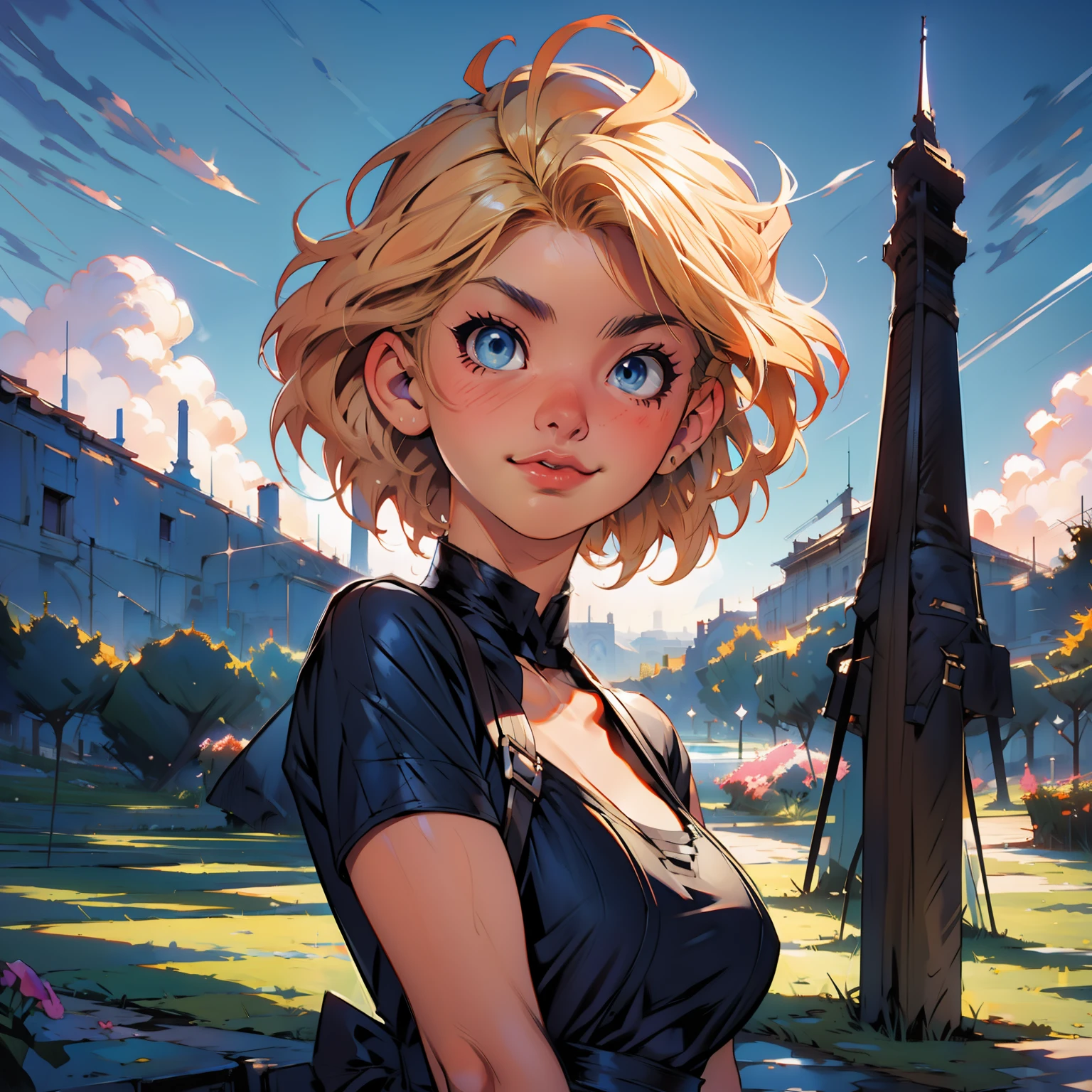 masterpiece, close up, digital paint, (Cute girl, 20 years old, blond short hair ), at the top of eiffel tower in paris by Jim Lee. 1990s \(style\),