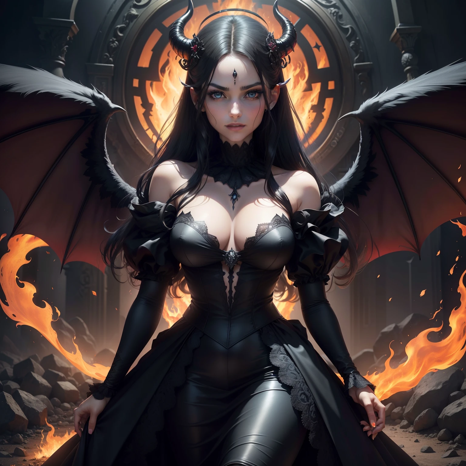 (best quality,4K,8K,hight resolution,Meisterwerk:1.2), ultra-detailliert, (Realistisch,fotorealistisch,fotorealistisch:1.37), A devil's angel in a beautiful red, schwarz-goldenes Kleid, with large wings and sharp, Rejuvenated teeth, Evil Demon Angel, beautiful, Detaillierte Augen und Gesicht, lange Wimpern, Creepy horns on the head, Lebendige Farben, somber atmosphere, realistische Schatten, Demon wings spread wide, Aufwendiges und detailliertes Outfit, flowing and luxurious dress, Bedrohliche und kraftvolle Erscheinung, Goldene Aura, die sie umgibt, scowl smile, Hellish background with fire and lava, dramatische beleuchtung, which emphasizes her dark features, Eerie and otherworldly beauty, mystical and enchanting presence.