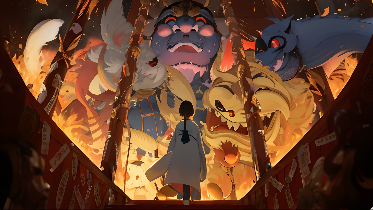 Create exquisite illustrations reminiscent of Makoto Shinkai's style, It is characterized by its ultra-fine details and top-notch quality Create an illustration where four creatures appear before a shrine maiden, looking down upon her.
Blue Oni (Blue Demon): Depict a blue oni with a terrifying, mask-like face, looking down menacingly at the shrine maiden.
Golden Komainu Monster (Golden Komainu): Position a komainu monster, engulfed in golden flames, to the right of the blue oni. Illustrate it with a slightly open mouth, as if it's mocking the shrine maiden.
Namazu-like Creature (Catfish-like monster): Place a creature resembling a namazu, with hands, in a lower position to the left of the komainu. Its color should be gray. It should be looking at the shrine maiden with a sense of curiosity or concern.
Cat (catss): Draw a cat below the namazu-like creature, gazing quietly at the shrine maiden.