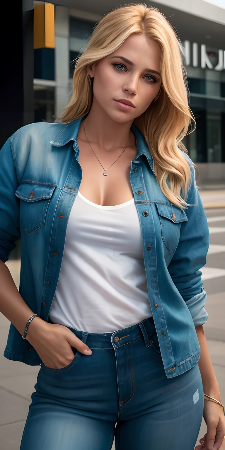 beautiful 21 blond college girl, in jeans and a shirt in front of a mall, ((slim, petite)), photorealistic, photo, masterpiece, realistic, realism, photorealism, high contrast, photorealistic digital art trending on Artstation 8k HD high definition detailed realistic, detailed, skin texture, hyper detailed, realistic skin texture, armature, best quality, ultra high res, (photorealistic:1.4),, high resolution, detailed, raw photo, sharp re, by lee jeffries nikon d850 film stock photograph 4 kodak portra 400 camera f1.6 lens rich colors hyper realistic lifelike texture dramatic lighting unrealengine trending on artstation cinestill 800,