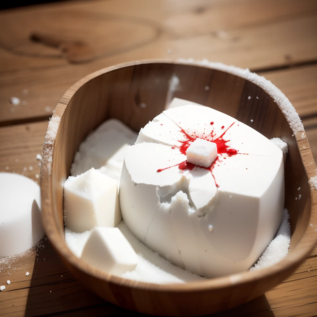 a block of salt, a lump of salt broken in half, inside it, a stain of blood --auto --s2