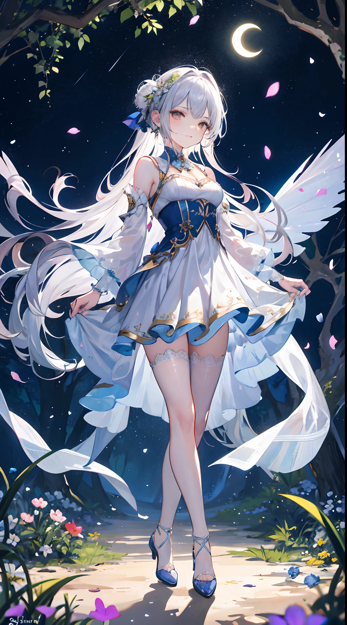 masterpiece, best quality, 1girl, white hair, angel, sexy beautiful, little smile, blue eyes, diadem, angel wings, white green dress, stand full body, arms holding an angel rod, starry sky, halo, post-apocalypse, fox ears, green clover background