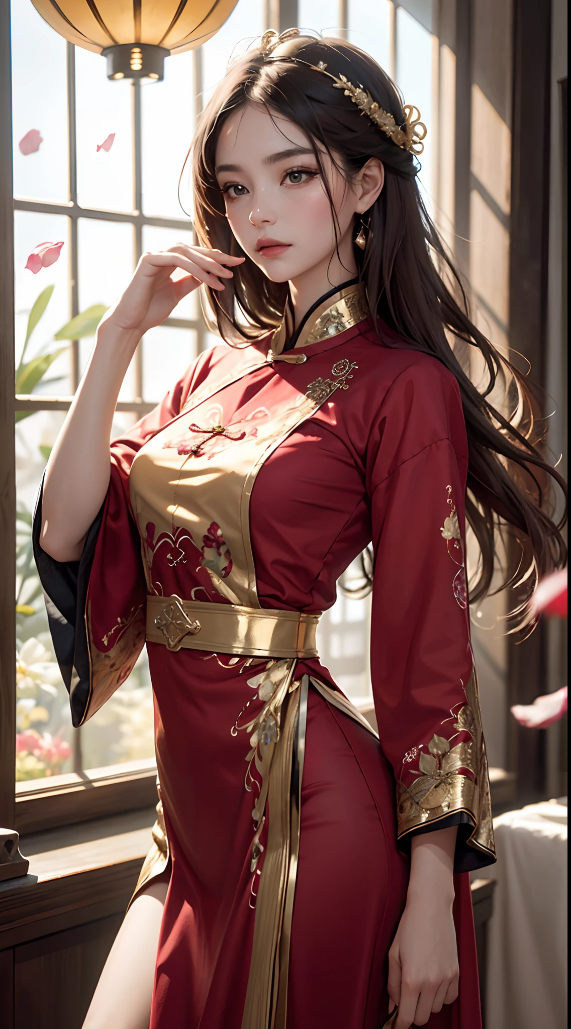 best quality, masterpiece, highres, (exquisite body:1.5),gorgeous face,(milky skin:1.3),intricate details,high resolution,wallpaper,
1girl, solo, dress, hair ornament, (((gold and red dress))), flowers, long hair, brown hair, closed mouth, jewelry, long sleeves, hand up, wide sleeves, big eyes,floating hair, chinese clothes, hanfu, embroidery, long skirt, natural pose, falling petals, indoor,fanning, lantern,
16K,HDR,highres,depth field,(film grain:1.1),boken,golden hour,(lens flare),vignette,rainbowing,(color grading:1.5)