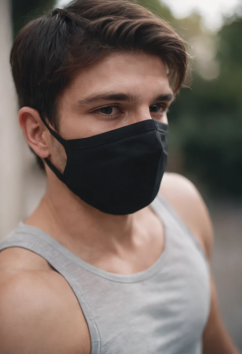 A 23year old guy wearing a black baseball cap and black face mask. he is suffering a lot of pain but can't show it he's too exhausted to escape the mental chains. his hair is chin length, he's against a wall, and he has an adult body