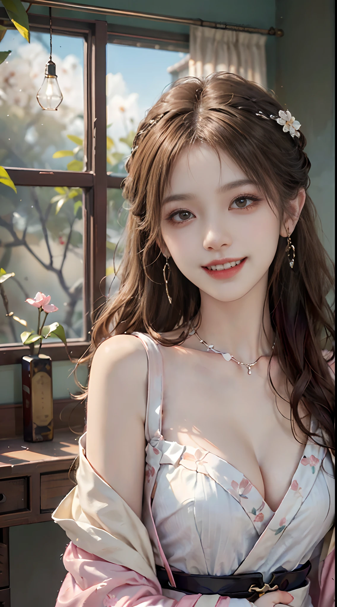 ((upper body)), ((from below)), ((realistic)), 1 Asian female model, A young girl, (Close up), (Being in the room, Sit Pose, Leaning against the dresser), Look out the window, Pleasing posture, Eye-catching poses, Detailed scenes, Coiled hair, Hairpins, Beautiful hair accessories, Brownish-yellow hair, light make-up, Blushlush, Gloss on lips, ((No chest leakage)), ((white hanfu, cropped shoulders, White chest covering, Floral, high-waist, Nice belt)), ((warm lights, a warm color palette)), (Extremely high color saturation), Detailed details, ultra-detailliert, (tmasterpiece, best qualtiy), (An extremely delicate and beautiful work), Delicate earrings, Delicate necklace, Simple blurred background, Extreme detail description, Ultra-fine painting, Delicate face, slim toned body, Slimming the waist, (grin, happy grin, Baring teeth), (anatomy correct)