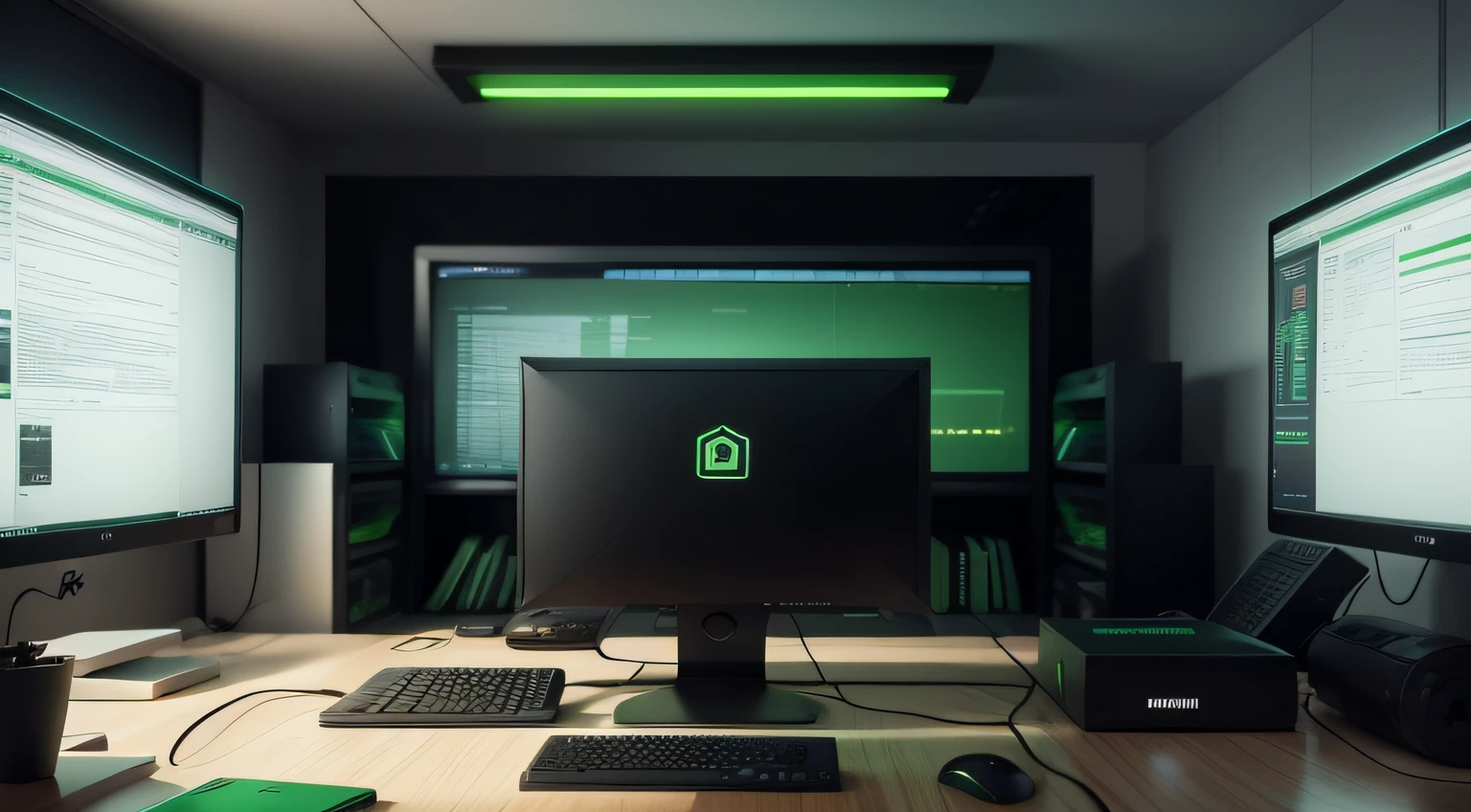 Computer room, technology, in green and black tones, ultrarealistic