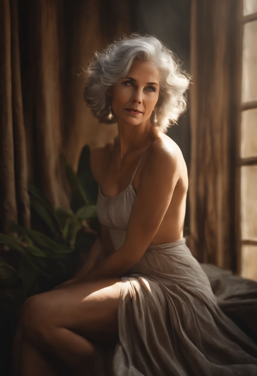 Petite Silver-haired woman naked, 1womanl, Solo, sun skirt, Photorealistic, Realism, Realistic, Human