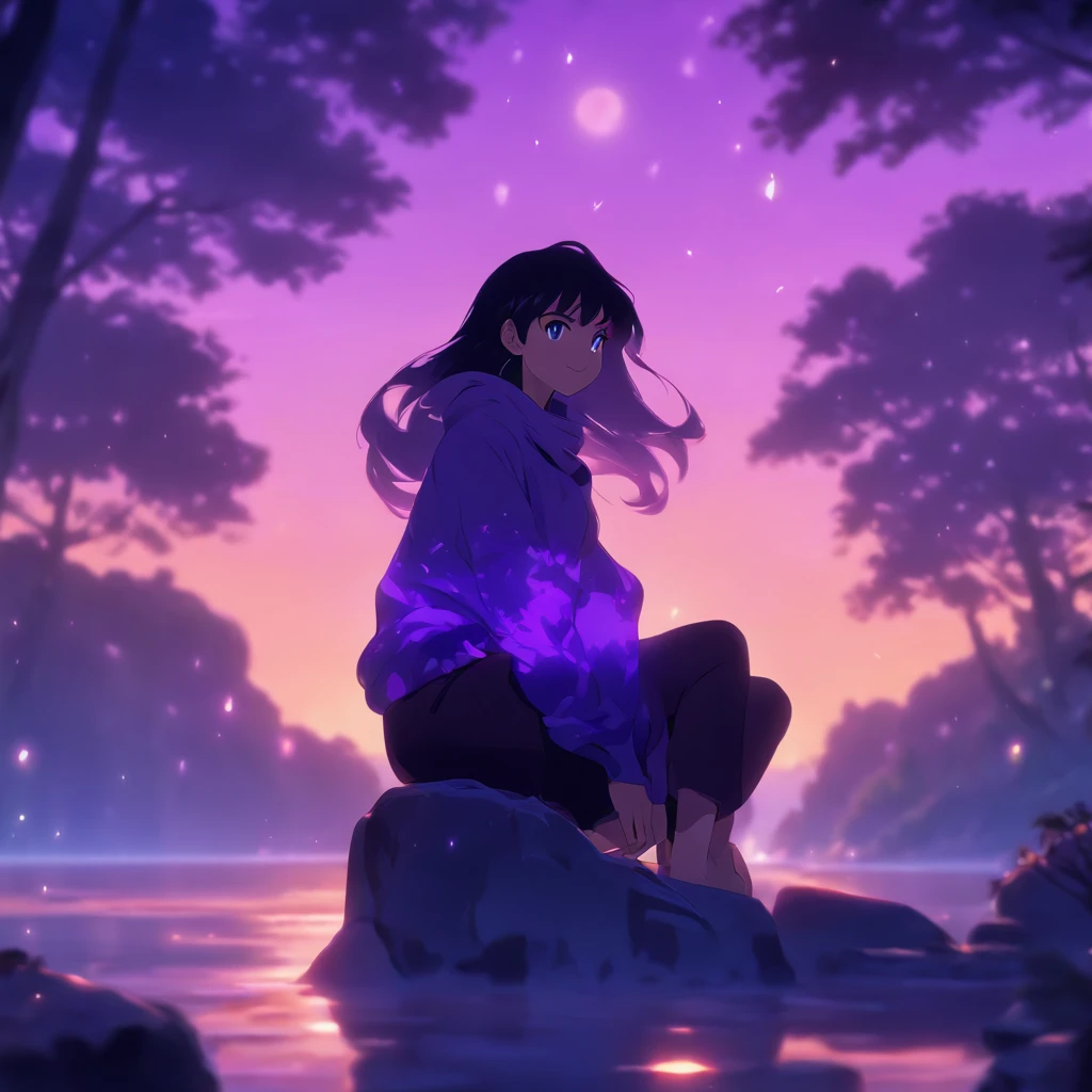 Official art, 8k Wallpaper, best quality, masterpiece, perfect image, ultra detailed, high quality, clean image, (a girl smiling), girl centered, distracted face, black hair, long hair, straight hair, glowing purple eyes, ((purple eyes)), glowing eyes, beautiful purple scarf, black sweater, black sweatpants, long sweatpants, pacific forest background, breathtaking beauty, volumetric lighting, volumetric shadows, sharp focus, girl sitting on a rock, smiling, hands on thigh. Background with: trees, sunrise, water, leaves, rocks, clouds.