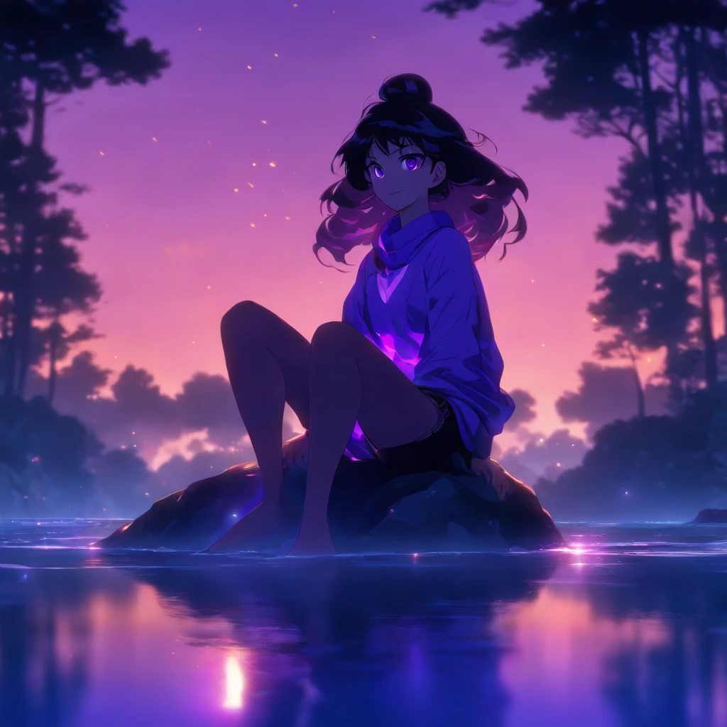 Official art, 8k Wallpaper, best quality, masterpiece, perfect image, ultra detailed, high quality, clean image, (a girl smiling), girl centered, distracted face, black hair, long hair, straight hair, glowing purple eyes, ((purple eyes)), glowing eyes, beautiful purple scarf, black sweater, black sweatpants, long sweatpants, pacific forest background, breathtaking beauty, volumetric lighting, volumetric shadows, sharp focus, girl sitting on a rock, smiling, hands on thigh. Background with: trees, sunrise, water, leaves, rocks, clouds.