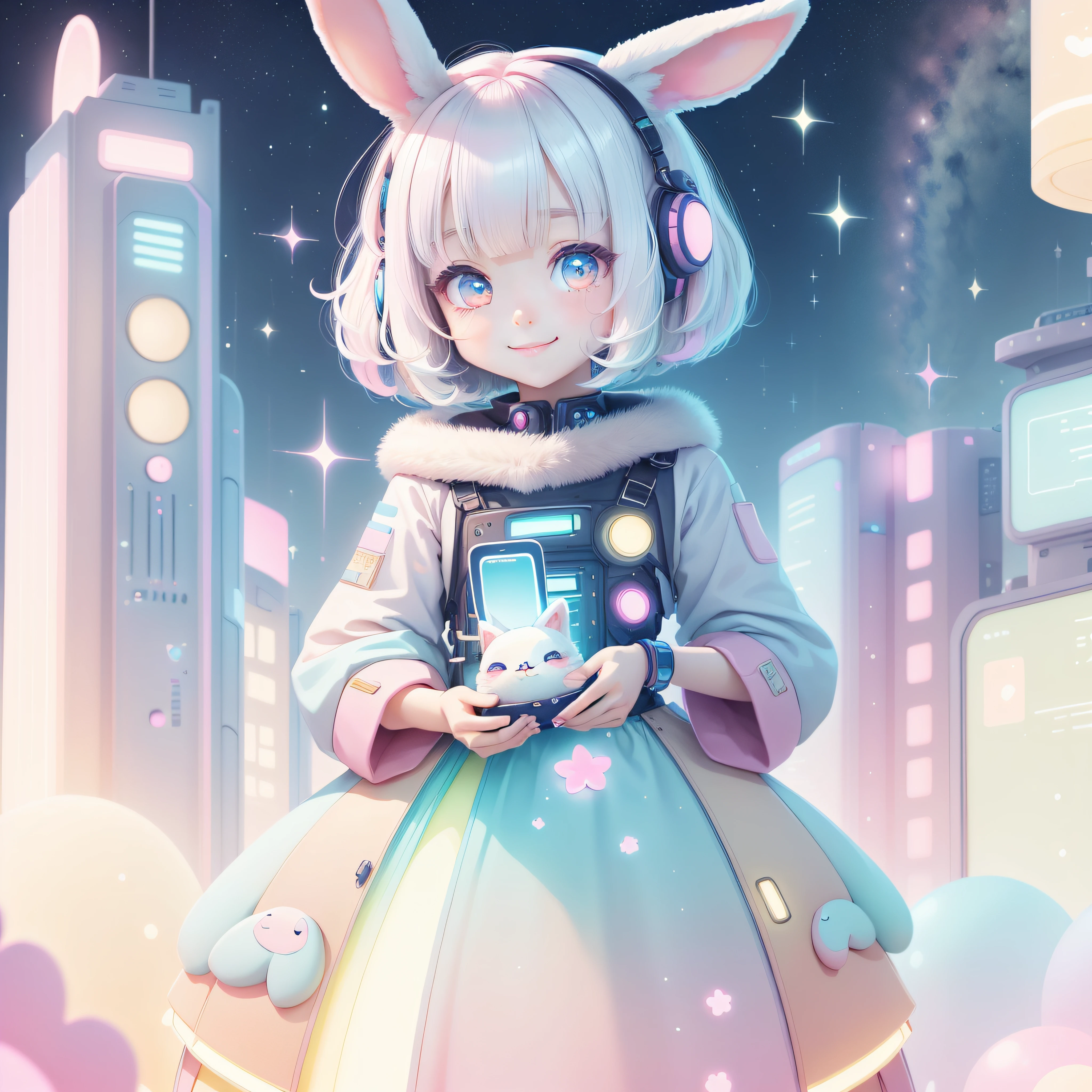 kawaiitech,pastel color, kawaii, cute colors ,scifi, pink,
scholar , scroll, 1girl ,long hair, pale skin,white hair, glowing eyes, smile ,closed mouth,bob cut, rabbit ears