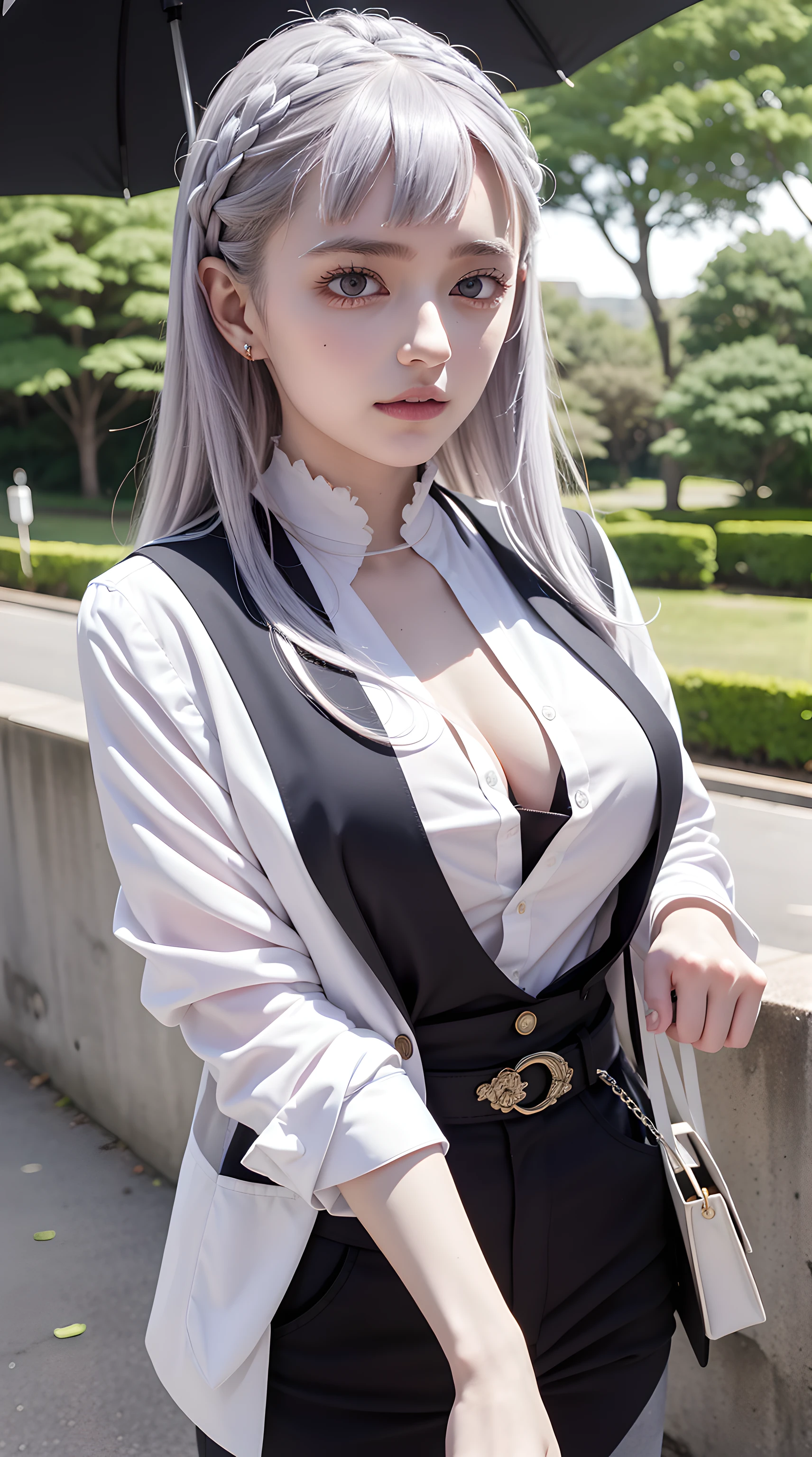 noele from the anime black clover, long hair, white hair, purple eyes, beautiful, beautiful woman, perfect body, perfect breasts, wearing a white formal shirt, black blazer, black trousers, carrying a bag, wearing a watch, wearing earrings, in public, creatures in tokyo city, being on the street, looking at the viewer, a slight smile, realism, masterpiece, textured skin, super detail, high detail, high quality, best quality, 1080p, 16k