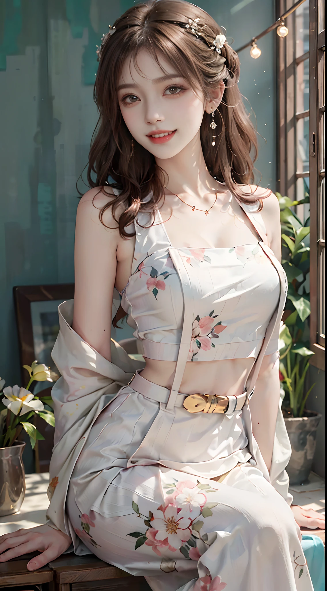 ((upper body)), ((from below)), ((realistic)), 1 Asian female model, A young girl, (Close up), (Being in the room, Sit Pose, Leaning against the dresser), Look out the window, Pleasing posture, Eye-catching poses, Detailed scenes, Coiled hair, Hairpins, Beautiful hair accessories, Brownish-yellow hair, light make-up, Blushlush, Gloss on lips, ((No chest leakage)), ((White floral Hanfu, Light pink suspenders, cropped shoulders, high-waist, Nice belt)), ((warm lights, a warm color palette)), (Extremely high color saturation), Detailed details, ultra-detailliert, (tmasterpiece, best qualtiy), (An extremely delicate and beautiful work), Delicate earrings, Delicate necklace, Simple blurred background, Extreme detail description, Ultra-fine painting, Delicate face, slim toned body, Slimming the waist, (grin, happy grin, Baring teeth), (anatomy correct)