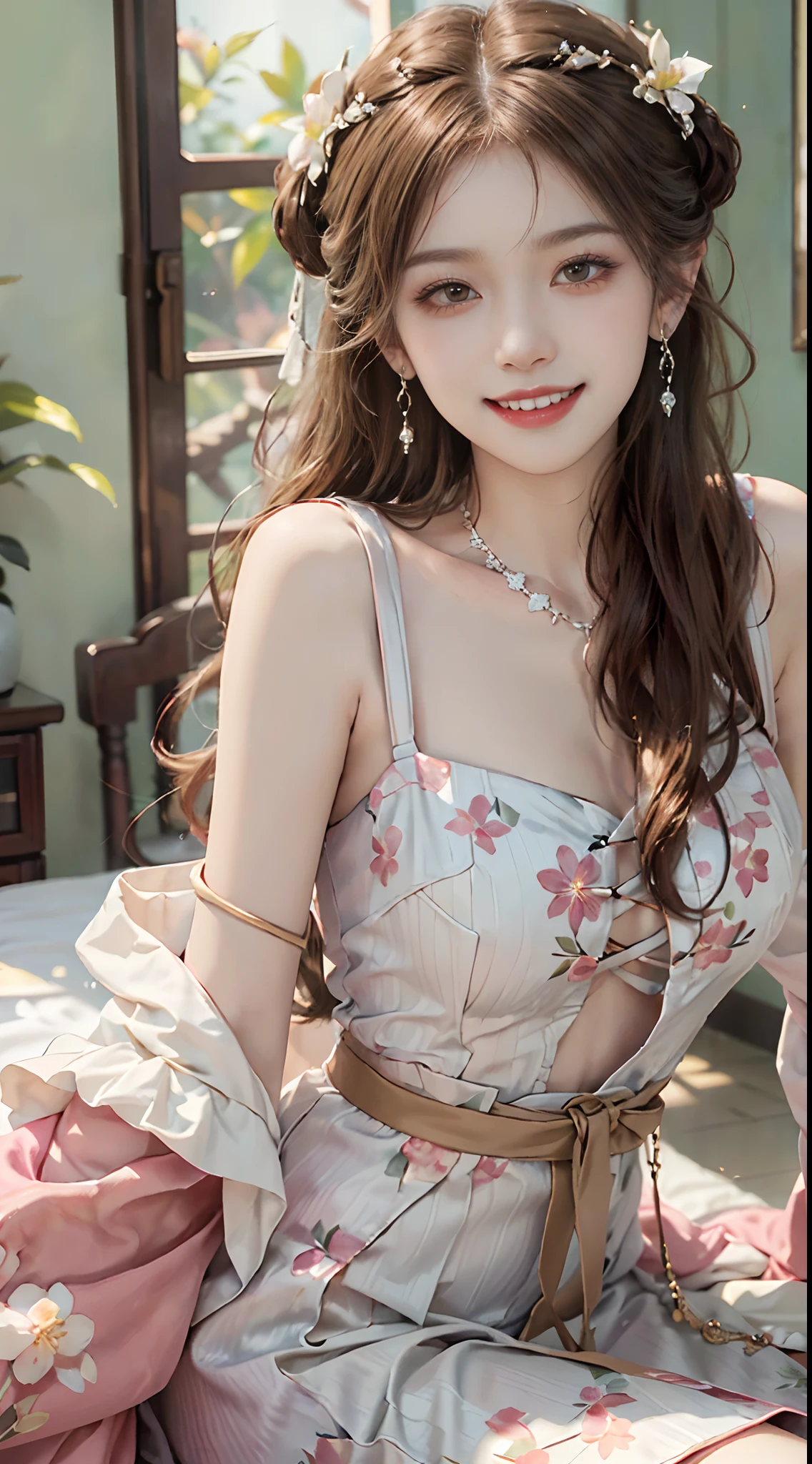 ((upper body)), ((from below)), ((realistic)), 1 Asian female model, A young girl, (Close up), (Being in the room, Sit Pose, Leaning against the dresser), Look out the window, Pleasing posture, Eye-catching poses, Detailed scenes, Coiled hair, Hairpins, Beautiful hair accessories, Brownish-yellow hair, light make-up, Blushlush, Gloss on lips, ((No chest leakage)), ((White floral Hanfu, Light pink suspenders, cropped shoulders, high-waist, Nice belt)), ((warm lights, a warm color palette)), (Extremely high color saturation), Detailed details, ultra-detailliert, (tmasterpiece, best qualtiy), (An extremely delicate and beautiful work), Delicate earrings, Delicate necklace, Simple blurred background, Extreme detail description, Ultra-fine painting, Delicate face, slim toned body, Slimming the waist, (grin, happy grin, Baring teeth), (anatomy correct)