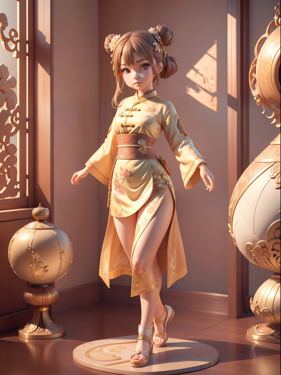 (Masterpiece, Best quality:1.2), 3 d desenho animado,1girll,Solo,Light brown hair, Chinese hair bun, Oriental antique,surrealism, Super detail, ccurate, Best quality, hyper HD, Masterpiece, Anatomically correct, A high resolution, 16k
