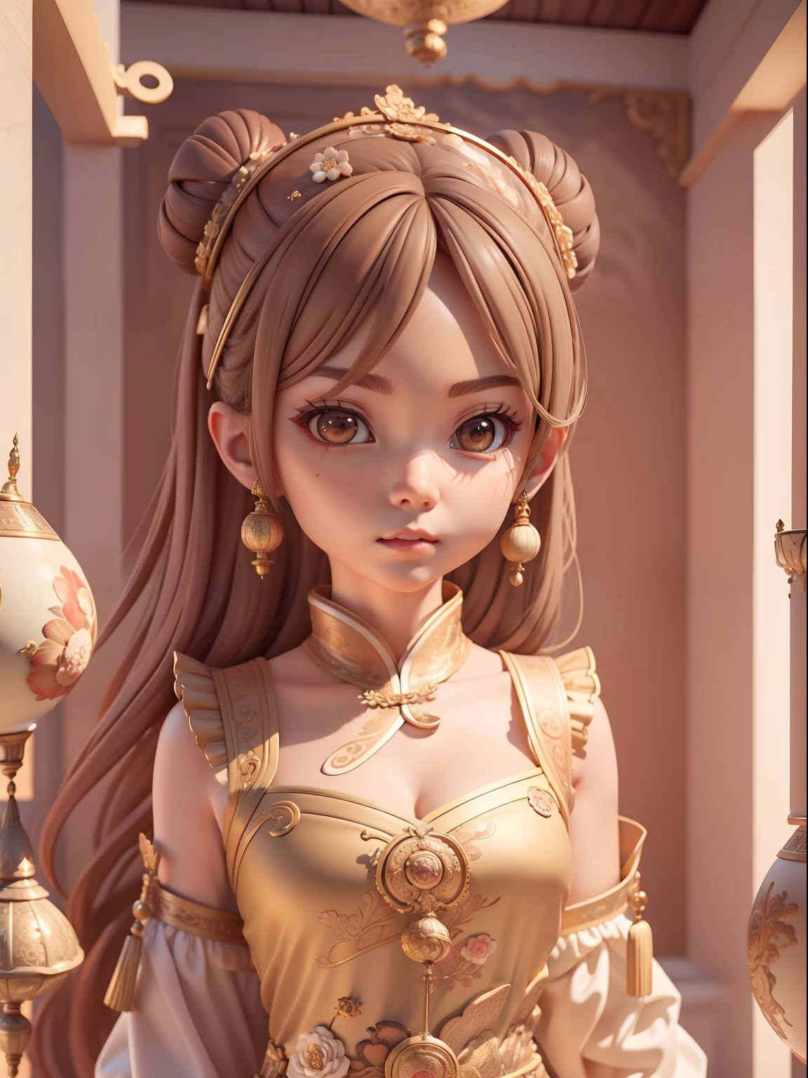 (Masterpiece, Best quality:1.2), 3 d desenho animado,1girll,Solo,Light brown hair, Chinese hair bun, Oriental antique,surrealism, Super detail, ccurate, Best quality, hyper HD, Masterpiece, Anatomically correct, A high resolution, 16k