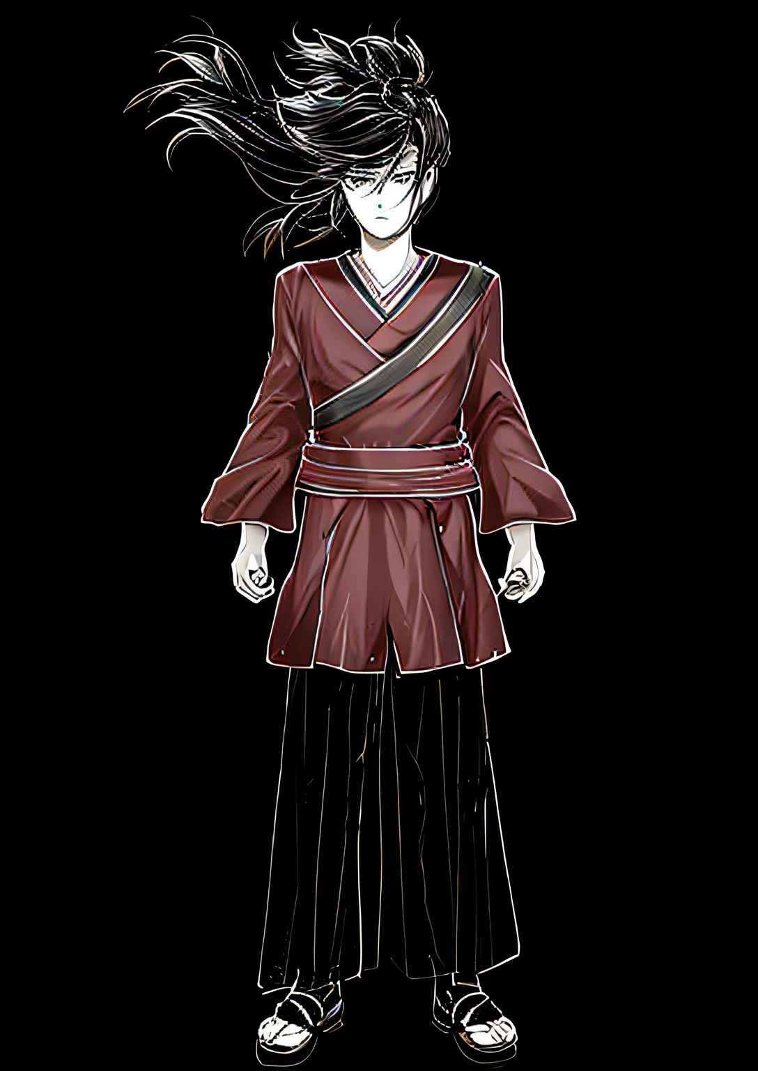 a drawing of a man in a kimono outfit with a long hair, side view ,full body concept, clear outfit design, detailed full body concept, clean lineart, simple lineart, full body character concept, clean anime outlines, new costume concept design, concept character, full body character drawing, lineart, unrealistic character concept, concept art of a monk, perfect lineart