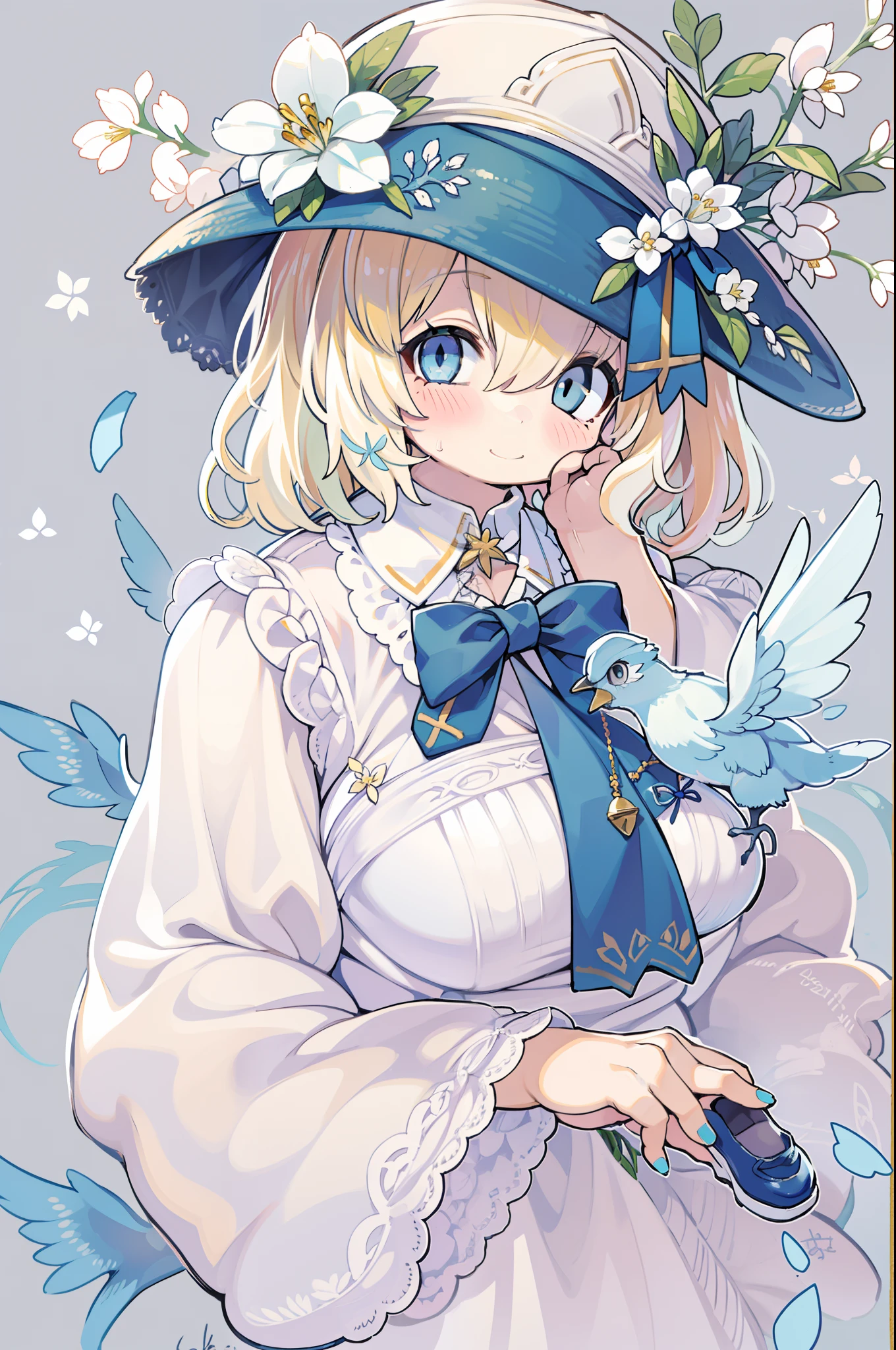 Uecla, 1girl in, Blonde hair, White background, hat, Dress, blue footwear, Wings, Simple background, signature, flower, nail polish, Wide sleeves, Long sleeves, blush, animal, white blossoms, Solo, Full body, Bird, Looking at Viewer, high-heels, hands on own cheeks, hand on own face, frilld, Bow, Bangs, bow ribbon, bell, blue headwear, +_+, sox, Short hair, grey eyes, shoes, Blue Nails, Feathered wings, blue bow