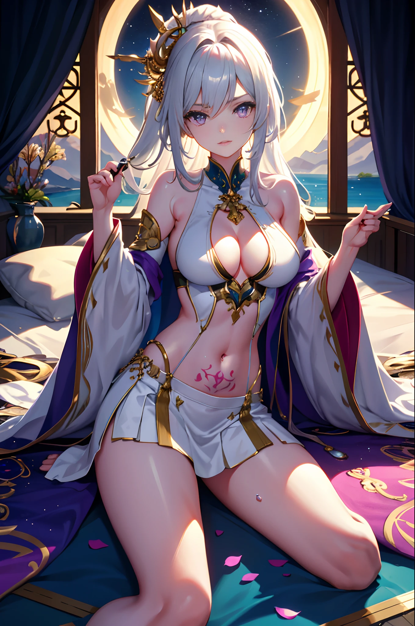 A high resolution, HighestQuali, illustration, Cinematic light, Ultra detailed, Detailed face, (Detailed eyes), Best quality, ultra - detailed, Masterpiece, (Detailed face),1girll, Girl, White hair, Purple eyes, highest details, glowing light eyes, medium breats, sit on a bed, Sitting, Bed, window, Night sky, Lake outside, Moon, full moon, back lit lighting, Light rays, (High contrast), (Colorful),s girl，a color，Long hair with gradient color，Heteropupil（random），Take off your top，Strip naked upper body（effect），Show the belly，Tattooed with，best qualtiy，tmasterpiece，Extremely refined and beautiful，extremely detaile，8K，finely detailled，Take off your skirt，Strip naked lower body（effect），Show long legs，Super camel toe，Hand optimization，Attention to detail，White matter of the skin，Shiny，Full Body Sweat，Lots of sweat，adulterate，Milk liquid