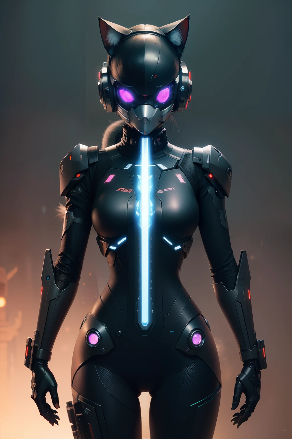 Futuristic robosuit with laser rifle,(The face is also covered with a mechanical mask of cat ears),((((There is a cat,))))Cyberpunk Art. Her, cgsociety, retrofuturism, Futuristic, future technology, scientific fiction,Illustration from the 70s